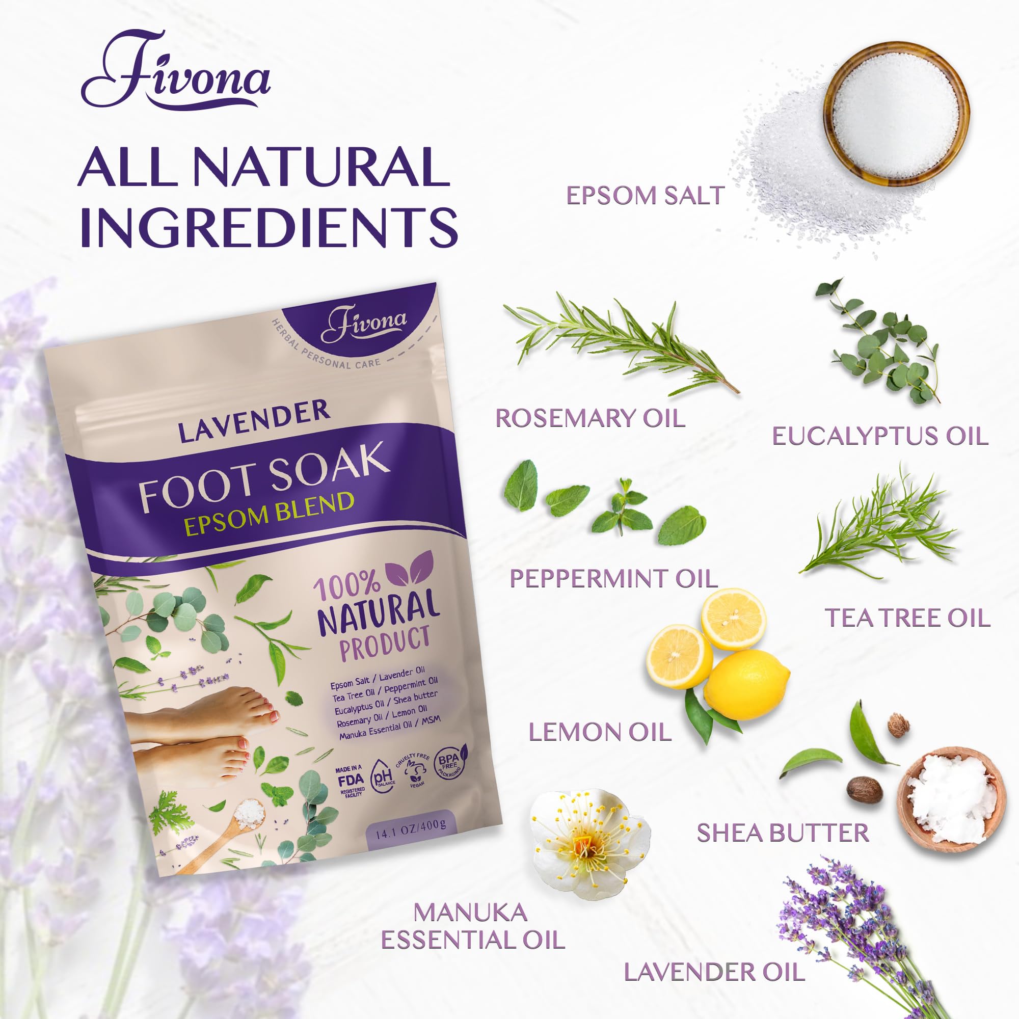 Fivona 4-in-1 Foot Care Kit with Epsom Salt & Essential Oils - Lavender Foot Soak Blend, Collapsible Basin, 40% Urea Cream for Dry Cracked Feet, Dual Action Foot File - Perfect for Pedicure, At-Home Spa & Foot Relaxation Therapy
