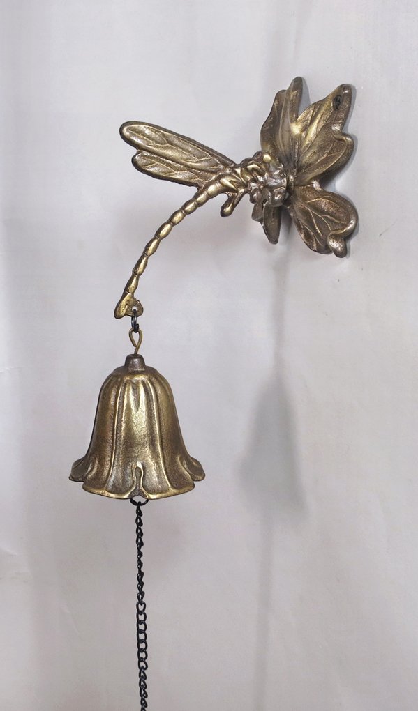Solid Brass Wall Mount Bell with Dragonfly Design - Vintage Outdoor Garden Decor for Patio, Porch & Farmhouse Style Homes