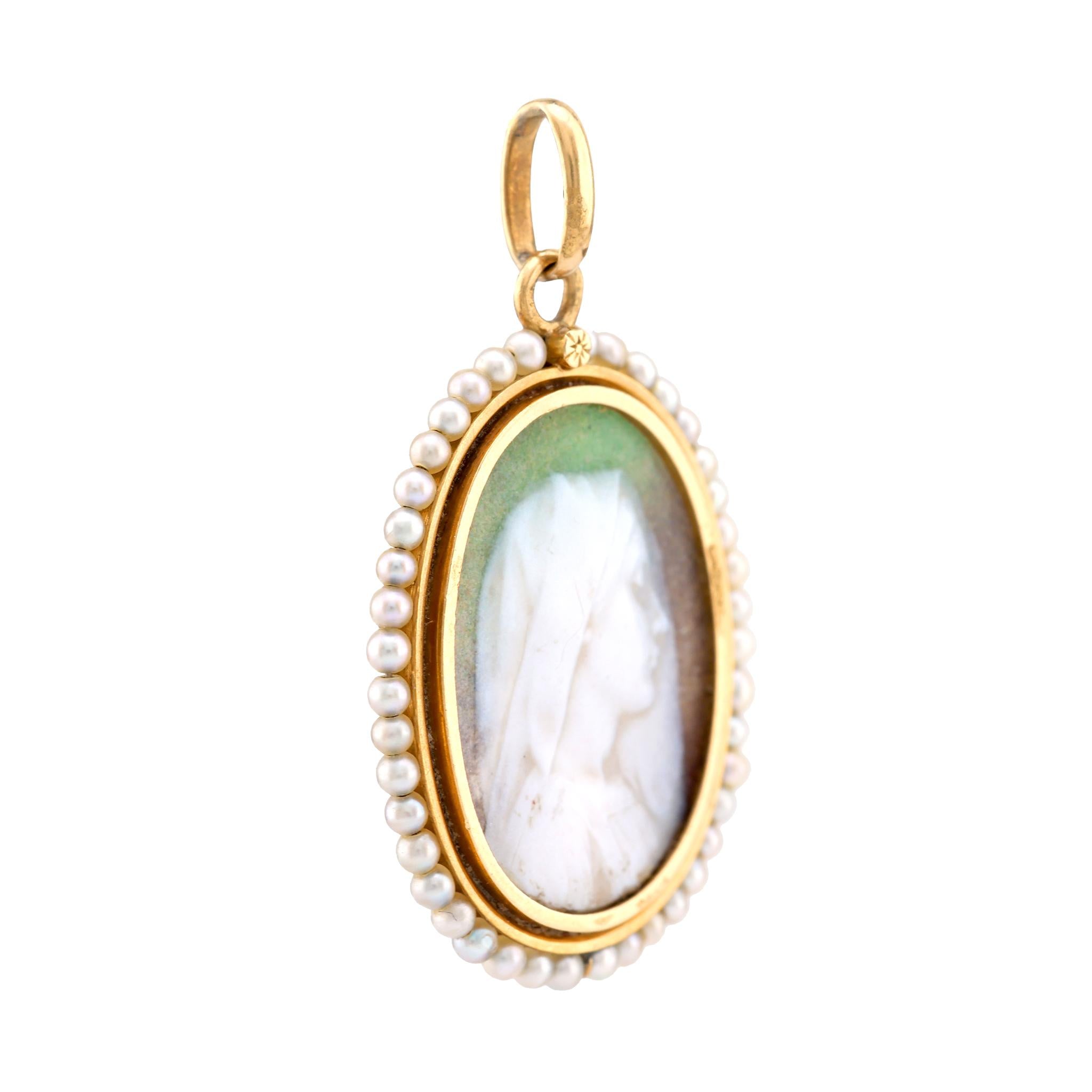 Antique Pearl 18K Yellow Gold Cameo Pendant Necklace - Vintage Elegant Jewelry for Women, Perfect Gift for Mother's Day, Anniversary & Special Occasions