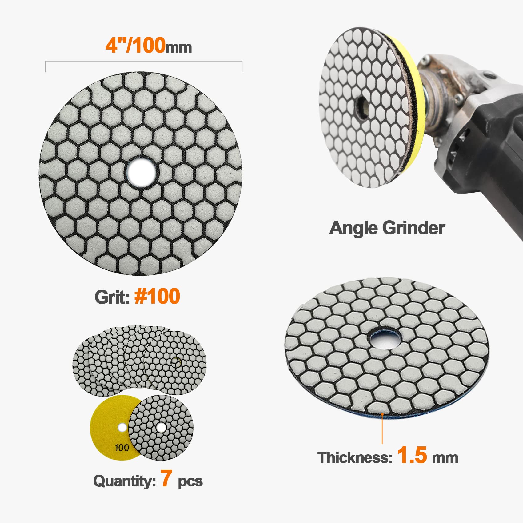7pcs 4 Inch Diamond Polishing Pads Set #100 Grit for Stone, Marble, Quartz, Granite - Wet/Dry Sanding Discs for Countertop Polishing - Compatible with Grinder & Polisher - Perfect for DIY Home Renovation & Professional Stone Restoration