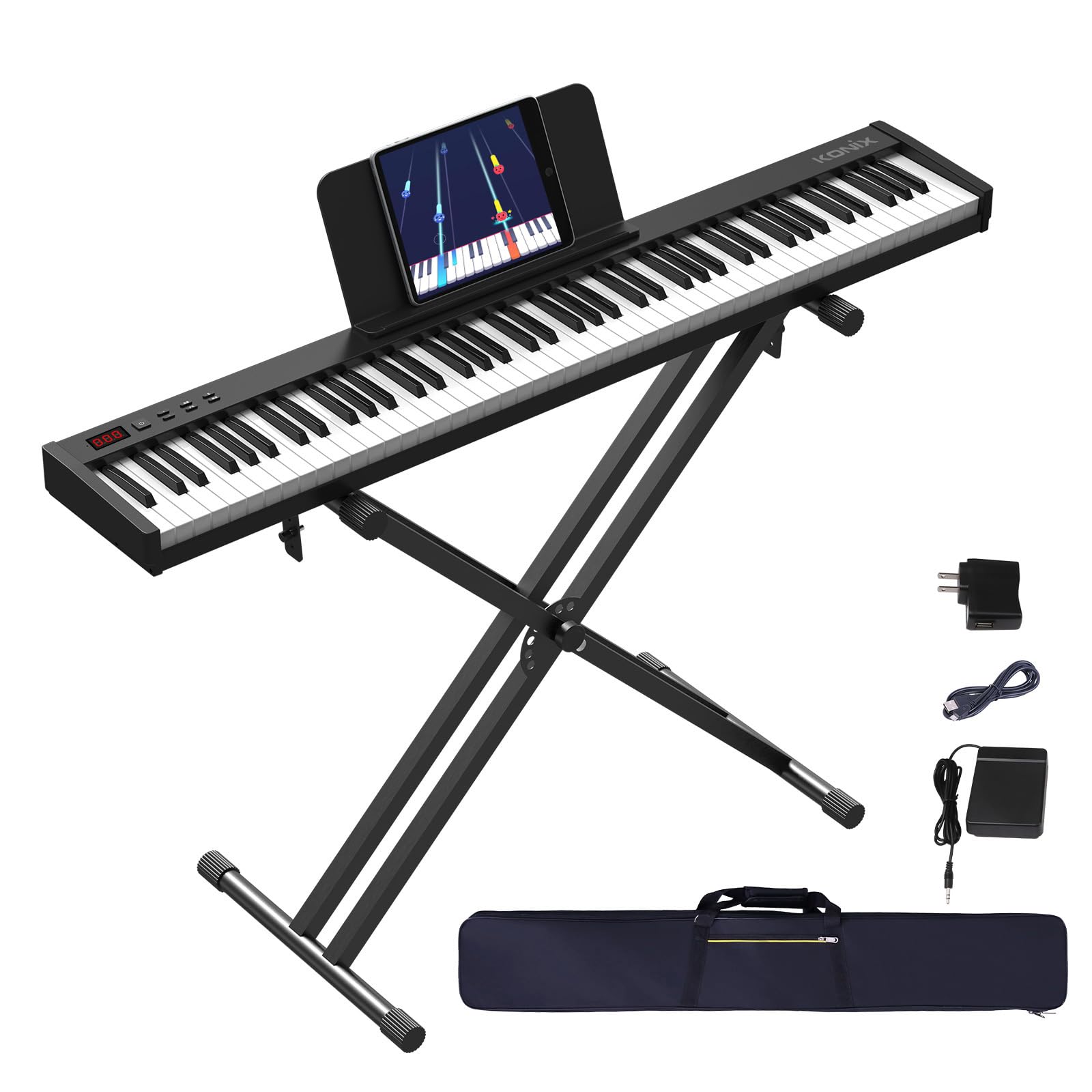 KONIX 88-Key Semi-Weighted Digital Piano Keyboard - Full Size Portable Electronic Piano with X Stand, Sustain Pedal, Power Adapter & Carrying Bag | Perfect for Beginners, Home Practice & Live Performances