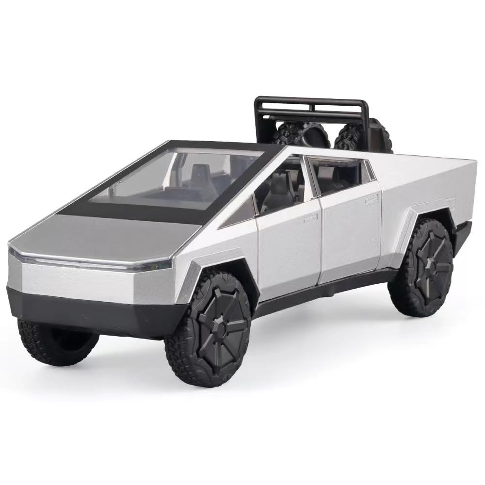 1:32 Scale Diecast Metal Cybertruck Toy Car with LED Lights & Sound Effects - Realistic Gray Silver Tesla Cyber Truck Model for Kids & Collectors - Perfect Gift for Birthdays, Christmas & Playtime Adventures