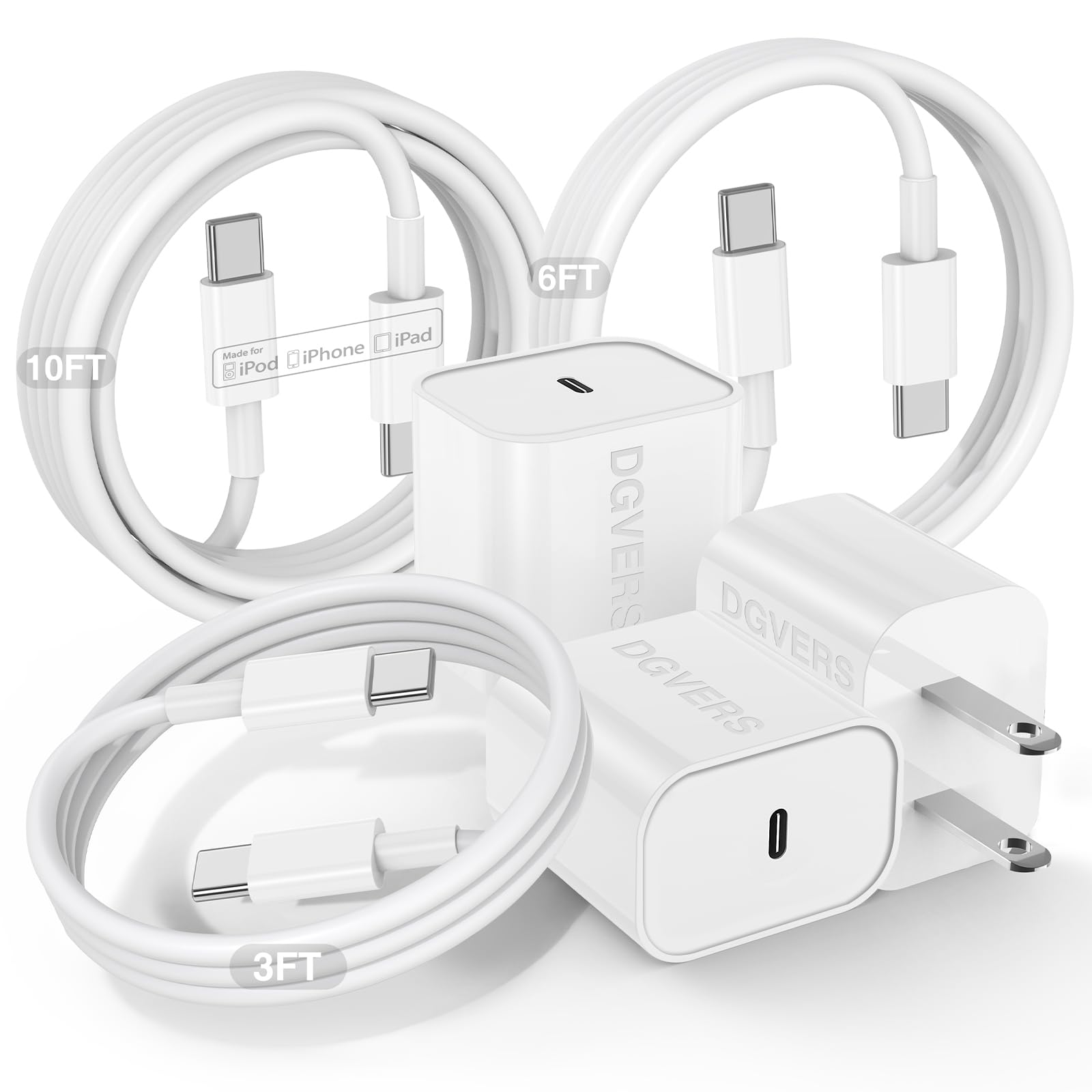 3-Pack Fast Charger for iPhone 16/15 Series - 20W USB-C Power Adapter with 3ft/6ft/10ft Cables - Compatible with iPhone 16 Pro Max/16 Pro/15 Pro Max/15 Pro/16 Plus/15 Plus/iPad Pro/Air/Mini - Perfect for Home, Office & Travel Charging