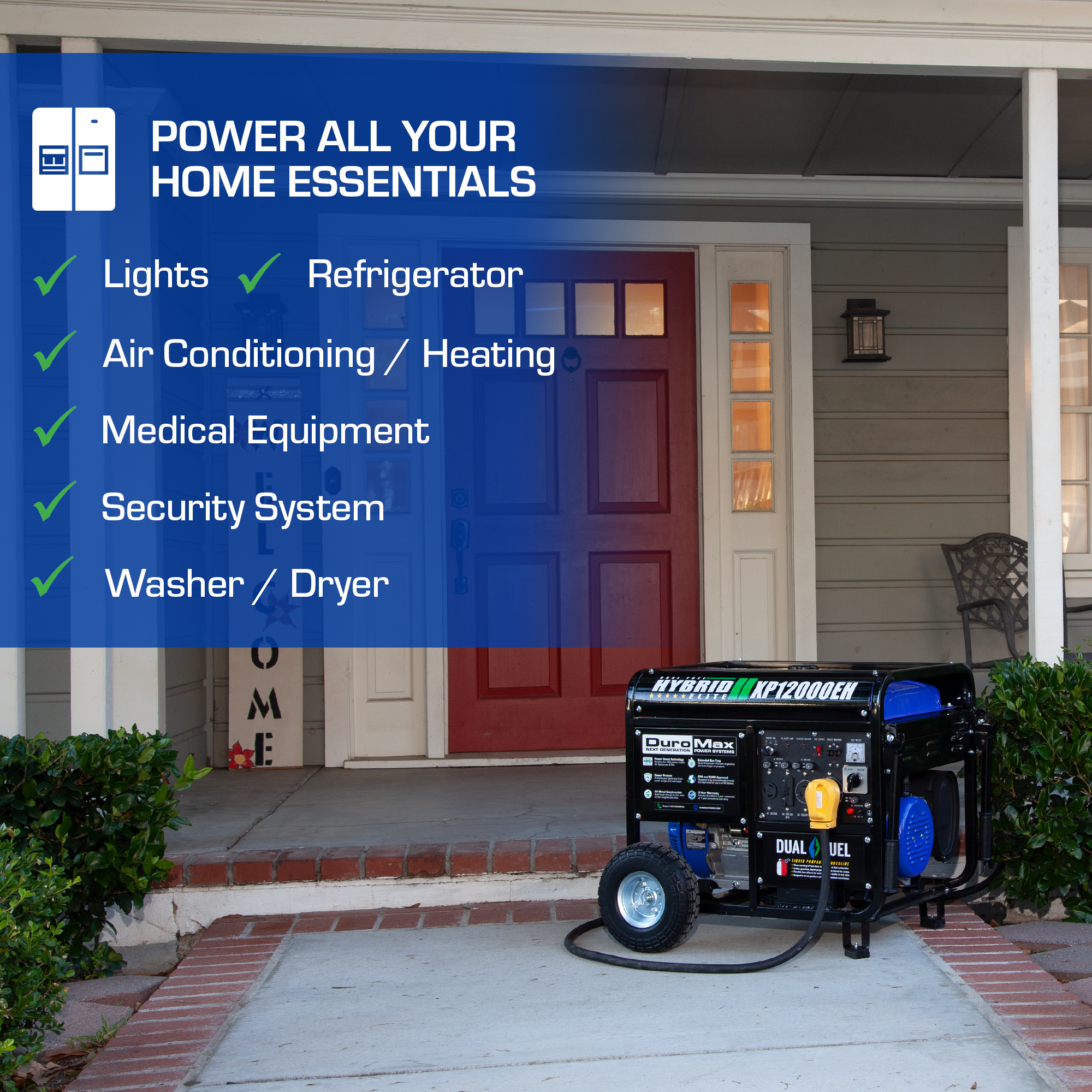 12,000 Watt Dual Fuel Portable Generator - Gas & Propane Powered for Home Backup, Camping & Outdoor Use