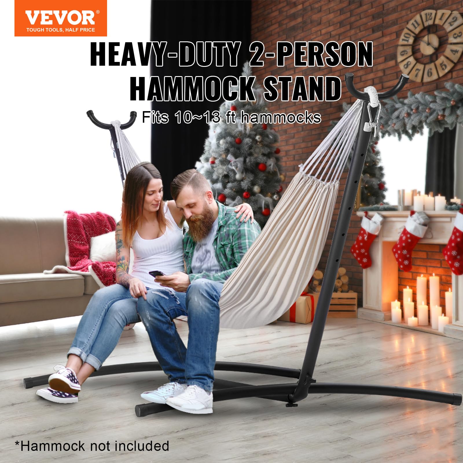 VEVOR Portable Hammock Stand - Heavy Duty 450lbs Capacity Steel Hammock Stand for 2 Person, Adjustable Hooks Frame Fits 10-13ft Hammocks - Space Saving Design with Carrying Bag for Backyard, Camping, Beach, Patio & Indoor Relaxation