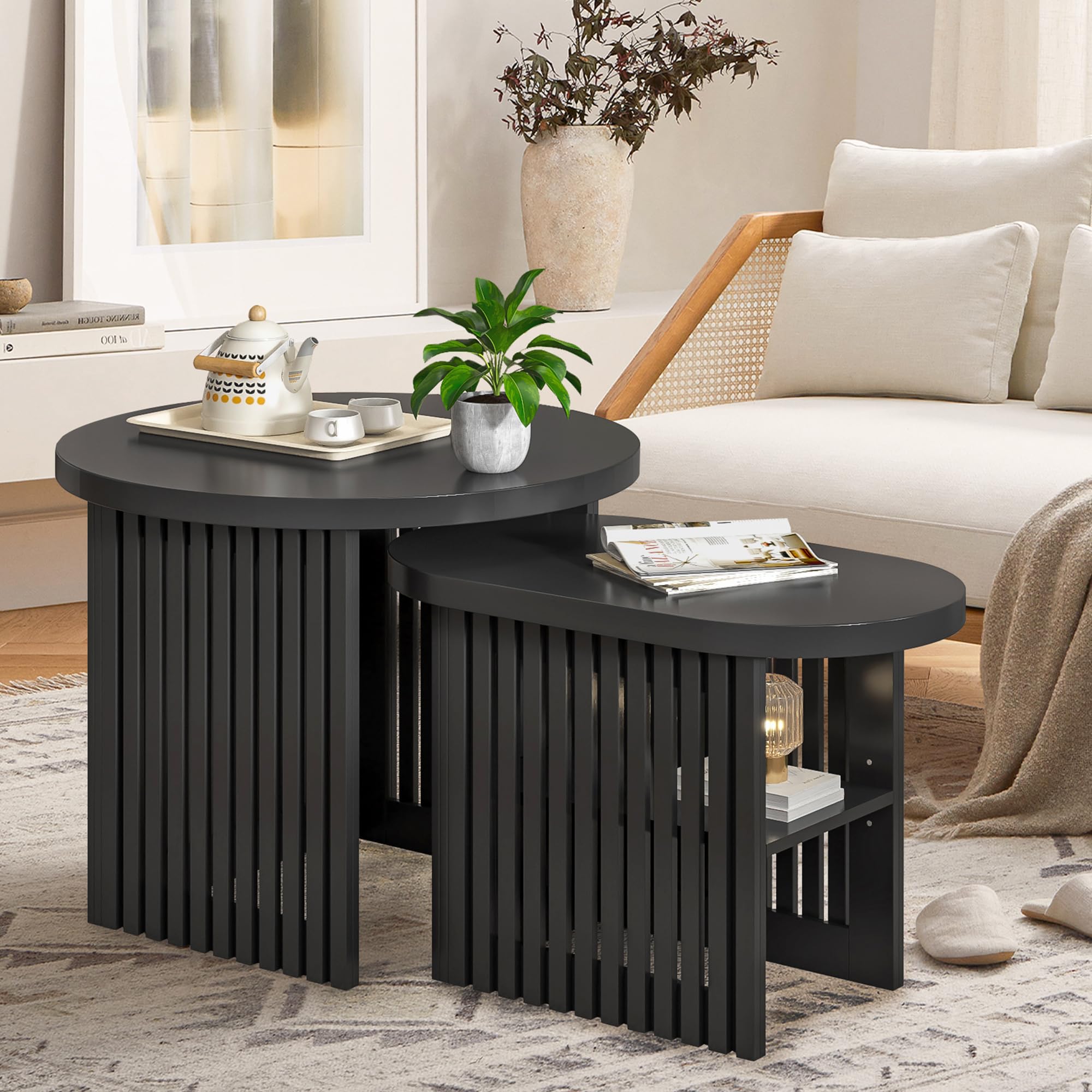 Modern Round Nesting Coffee Table Set of 2 with Storage Shelf & Fluted Panel - Black Wood Stacking Side Tables for Small Spaces - Perfect for Living Room, Bedroom & Apartment Decor