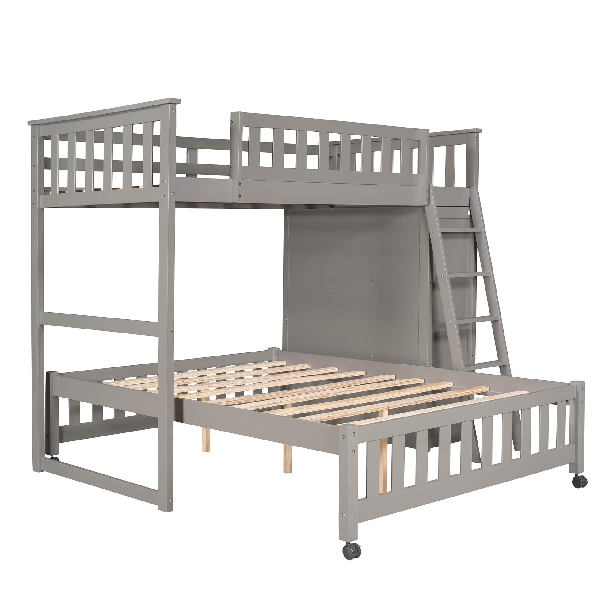 **Sturdy Wooden Bunk Bed for Kids, Teens & Adults - Twin Over Full Size with 6 Drawers, Flexible Shelves & Wheels - No Box Spring Needed (Grey + Wheels01) - Perfect for Small Spaces, Guest Rooms & Shared Bedrooms**