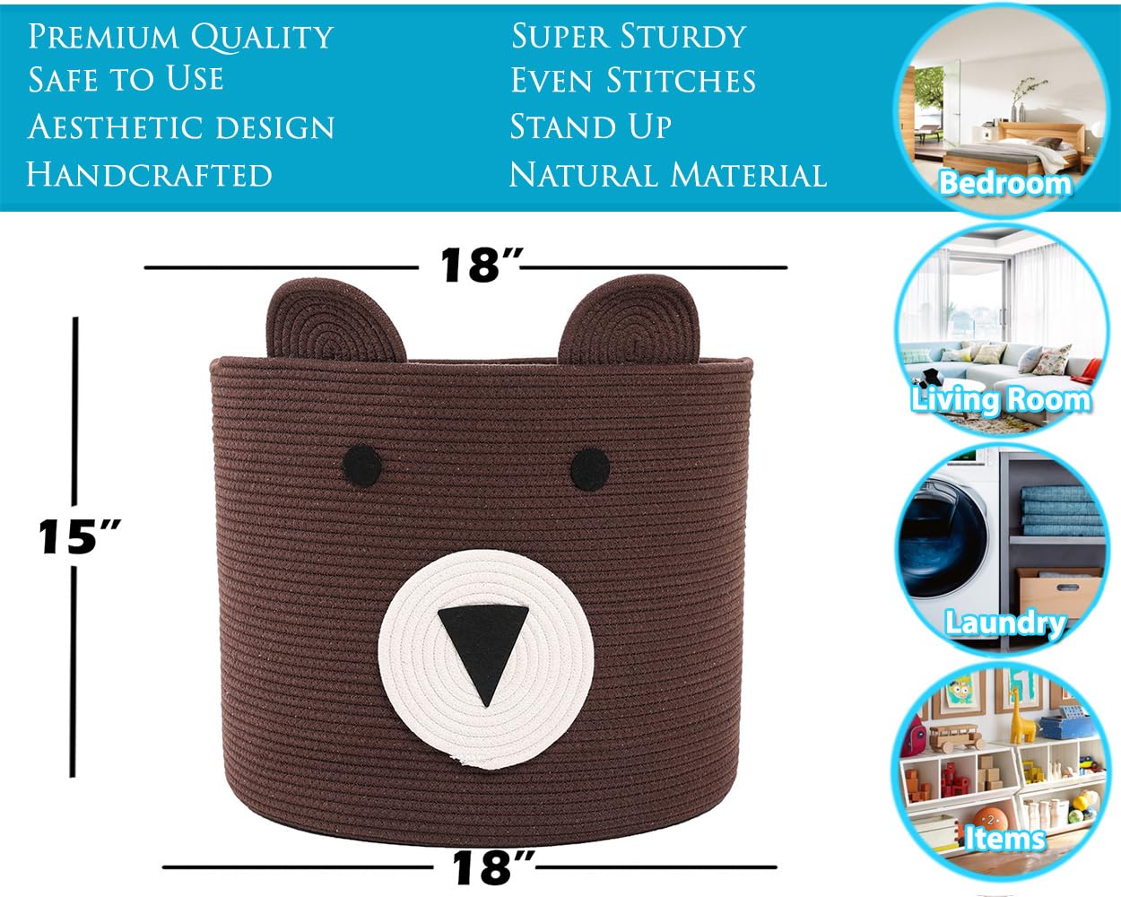 Large Cotton Rope Storage Basket - 18x15 Inch Woven Laundry Hamper & Cloth Organizer for Bedroom, Living Room, Nursery (Brown) | Perfect for Blanket Storage, Toy Organization & Home Decor