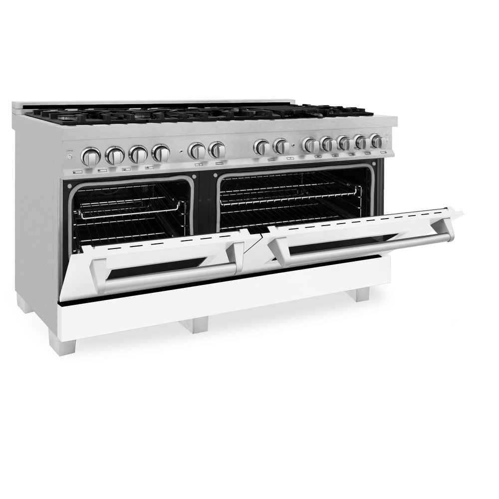 ZLINE 60-inch 7.4 cu.ft Dual Fuel Range with 9-Burner Gas Cooktop & 2 Electric Convection Ovens - Satin Stainless Steel with White Matte Doors (RAS-WM-60) | Professional Kitchen Appliance for Home Chefs & Cooking Enthusiasts