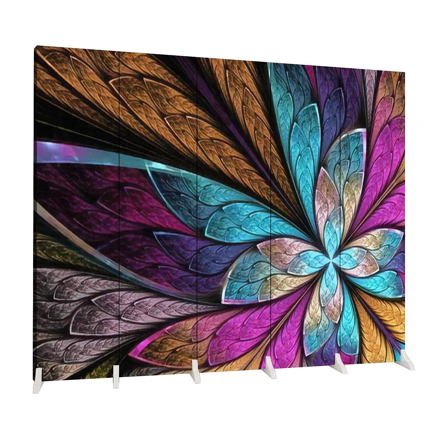 Stained Glass Style Wood Screen Room Divider - Fractal Flower & Butterfly Design | Waterproof Canvas Folding Panels | Indoor Privacy Partition with Dual-Sided Display | 5-Panel Portable Room Separator for Home, Office & Meditation Spaces