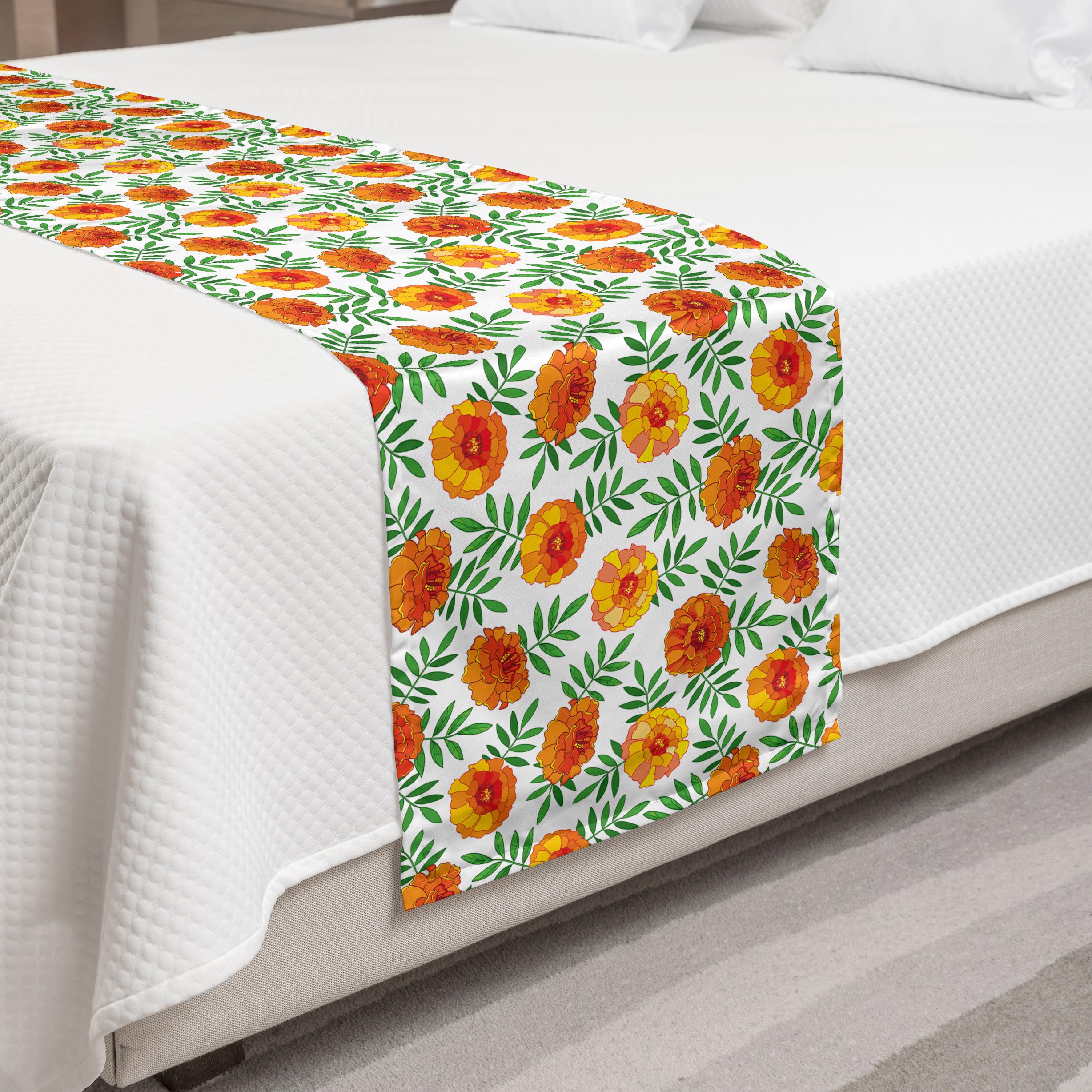 Ambesonne Floral Bed Runner - Orange Tagetes Marigold Flowers with Leaves Pattern, Decorative Bed Scarf for King Size Beds, Home & Hotel Decor in Vermillion & Green | Perfect for Bedroom, Guest Room & Wedding Decorations