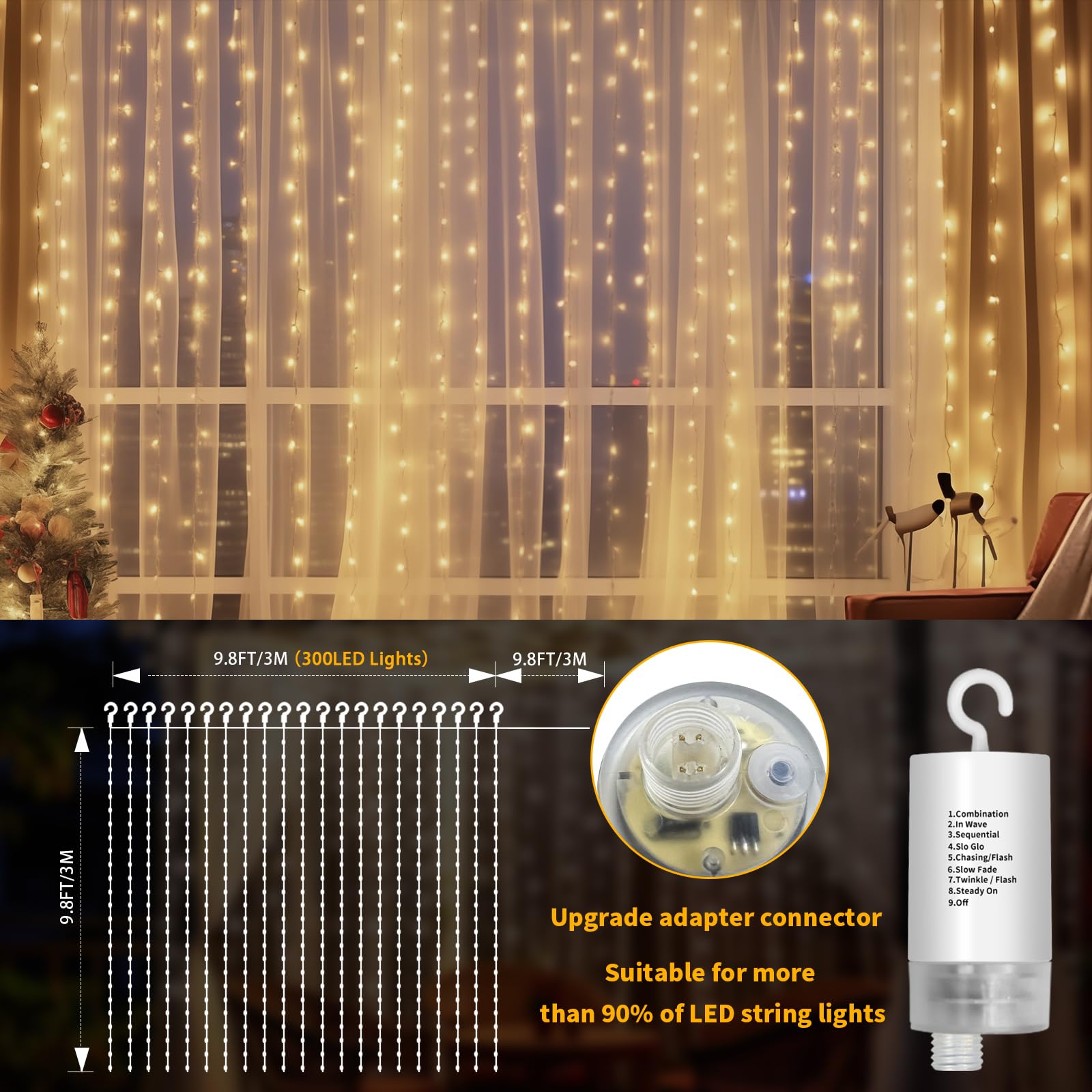 300 LED Battery Operated Waterproof Curtain Lights - 10ft x 10ft Outdoor Twinkle Fairy String Lights with Remote Control & 8 Modes (Warm White) for Bedroom, Porch, Gazebo, Wedding, Party, Garden, Christmas Decorations