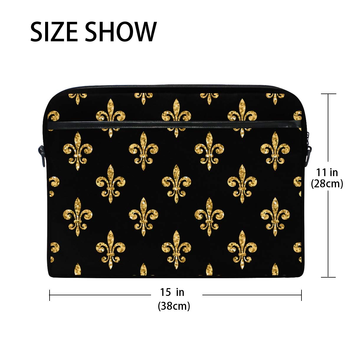 Golden Fleur-De-Lis Floral Black Laptop Shoulder Bag - Stylish Briefcase Computer Bag with Adjustable Strap Fits 13-14 Inch Laptops - Perfect for Work, School & Travel