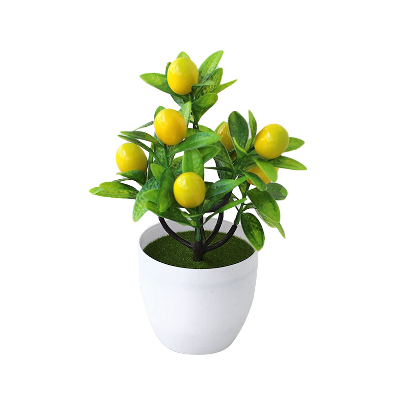 2Pcs Artificial Mini Potted Lemon Tree Bonsai - Fake Greenery Plants with White Plastic Pot for Home Decor, Wedding Centerpieces, Office Desk Decor, and Party Table Decorations (Green)
