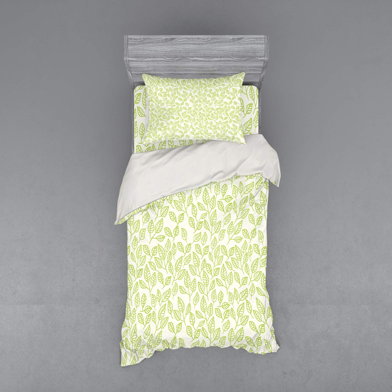 Ambesonne Green Tea Leaf Duvet Cover Set - 3 Piece Twin Size Bedding with Sham & Fitted Sheet, Watercolor Leaf Pattern Modern Art Design for Bedroom Decor | Perfect for Guest Rooms, Dorms & Cozy Home Styling