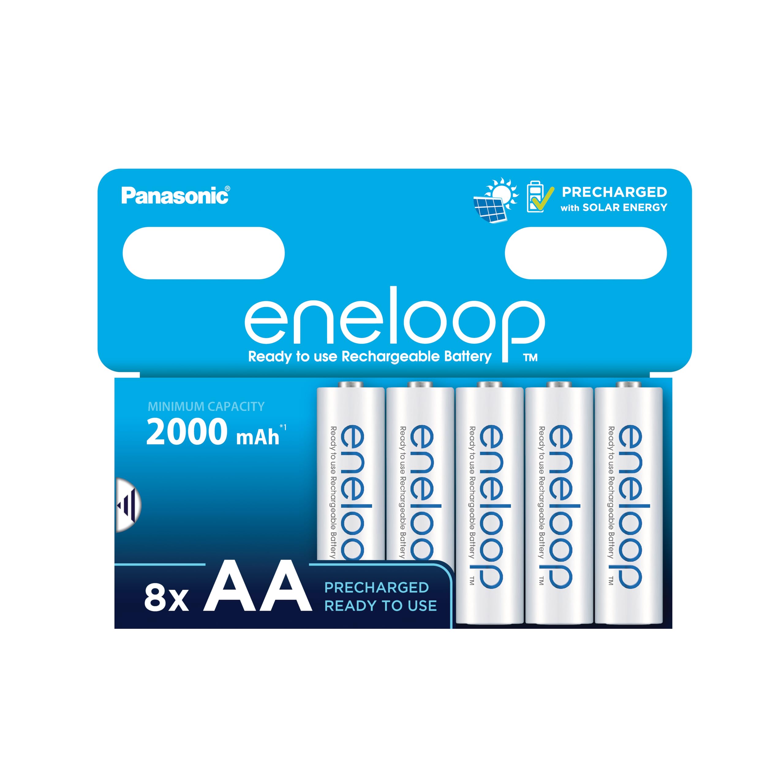 Eneloop AA Rechargeable Batteries (8-Pack) - 2000mAh Ni-MH, Pre-Charged & Ready to Use, 2000+ Recharge Cycles, Eco-Friendly Plastic-Free Packaging - Perfect for Cameras, Toys, and Home Electronics