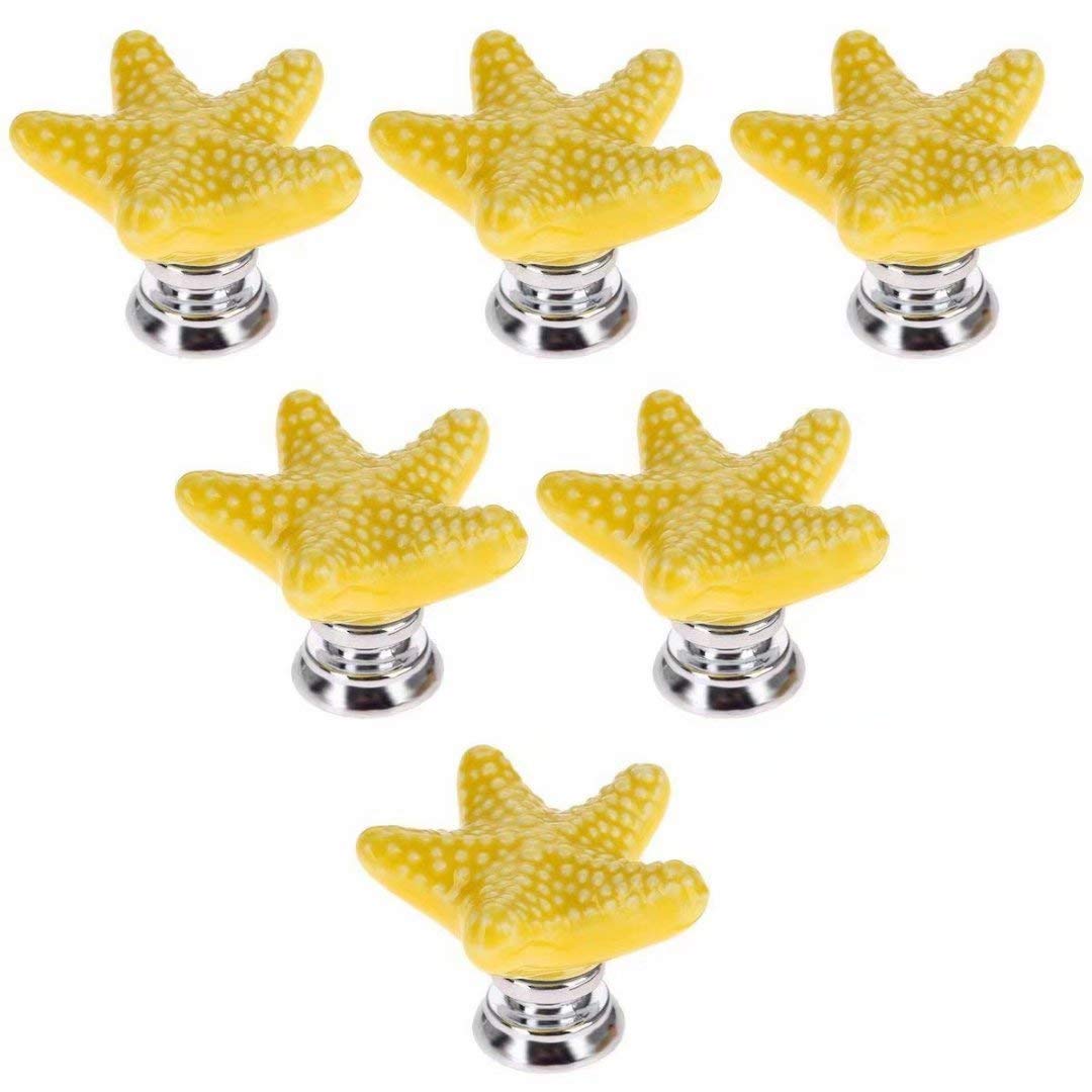 Yellow Starfish Ceramic Drawer Pulls Handles - 6 Pack for Nursery Dresser, Cupboard, Wardrobe & Kitchen Cabinets - Beach & Ocean Theme Cabinet Knobs - Perfect for Coastal Decor, Kids' Rooms & Bathroom Makeovers