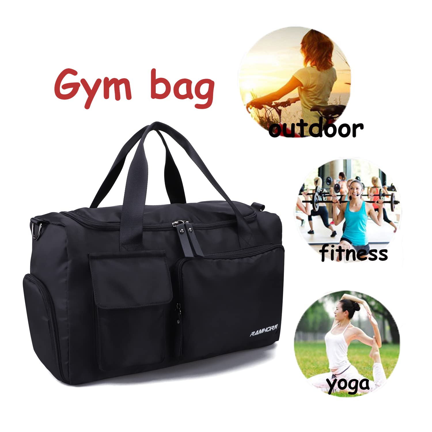 RAMHORN Waterproof Travel Duffel Bag - Gym & Sports Luggage with Wet Pocket & Shoe Compartment - Ideal for Weekend Trips, Workouts & Outdoor Adventures (Black)