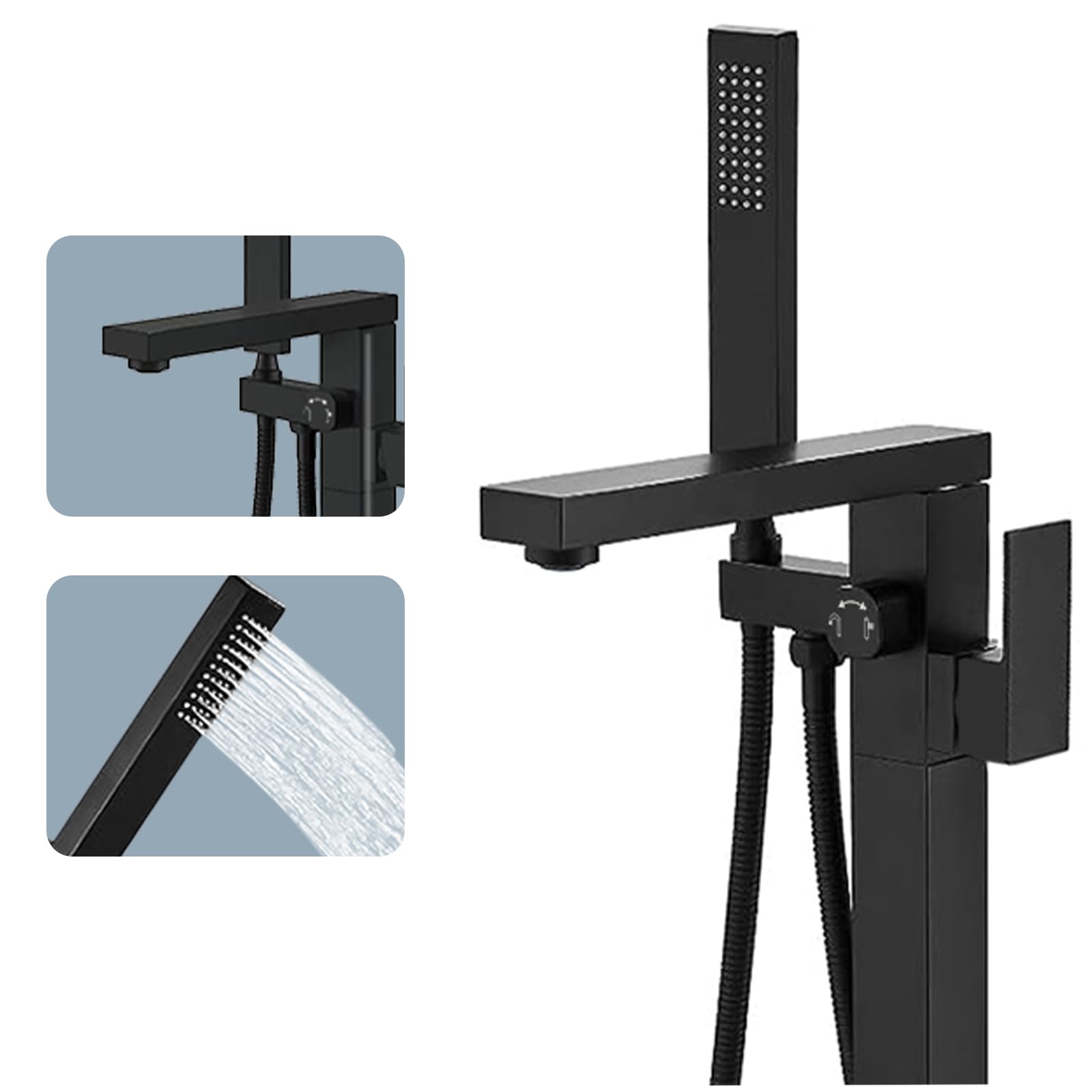 Matte Black Floor Standing Bathtub Faucet - High Flow Waterfall Freestanding Brass Tub Shower Faucet with Handheld Sprayer - Perfect for Modern Bathroom & Spa Relaxation