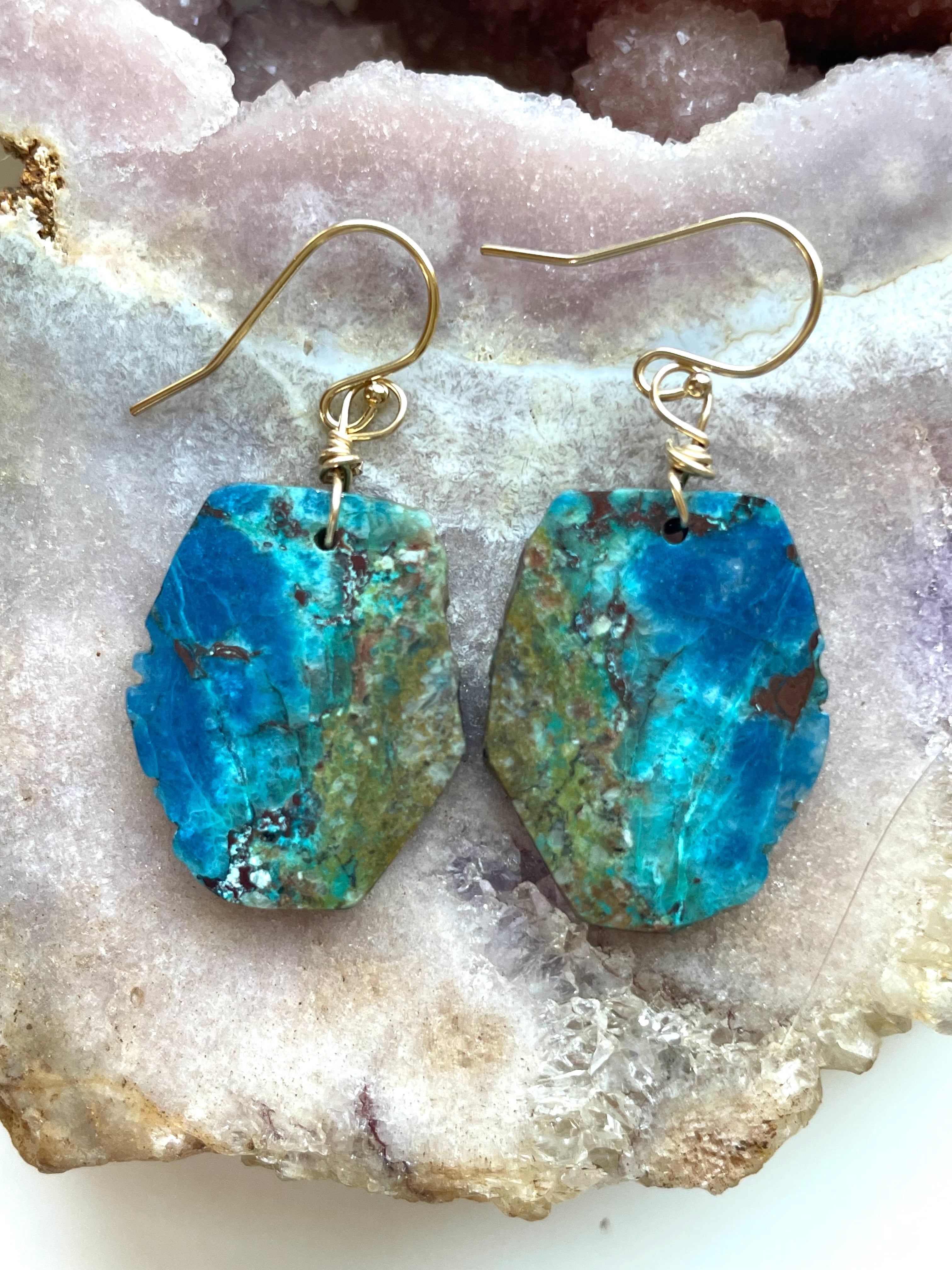 Chrysocolla Gold Filled Statement Crystal Gemstone Earrings for Women - Elegant Dangle Drop Earrings for Party, Wedding & Special Occasions
