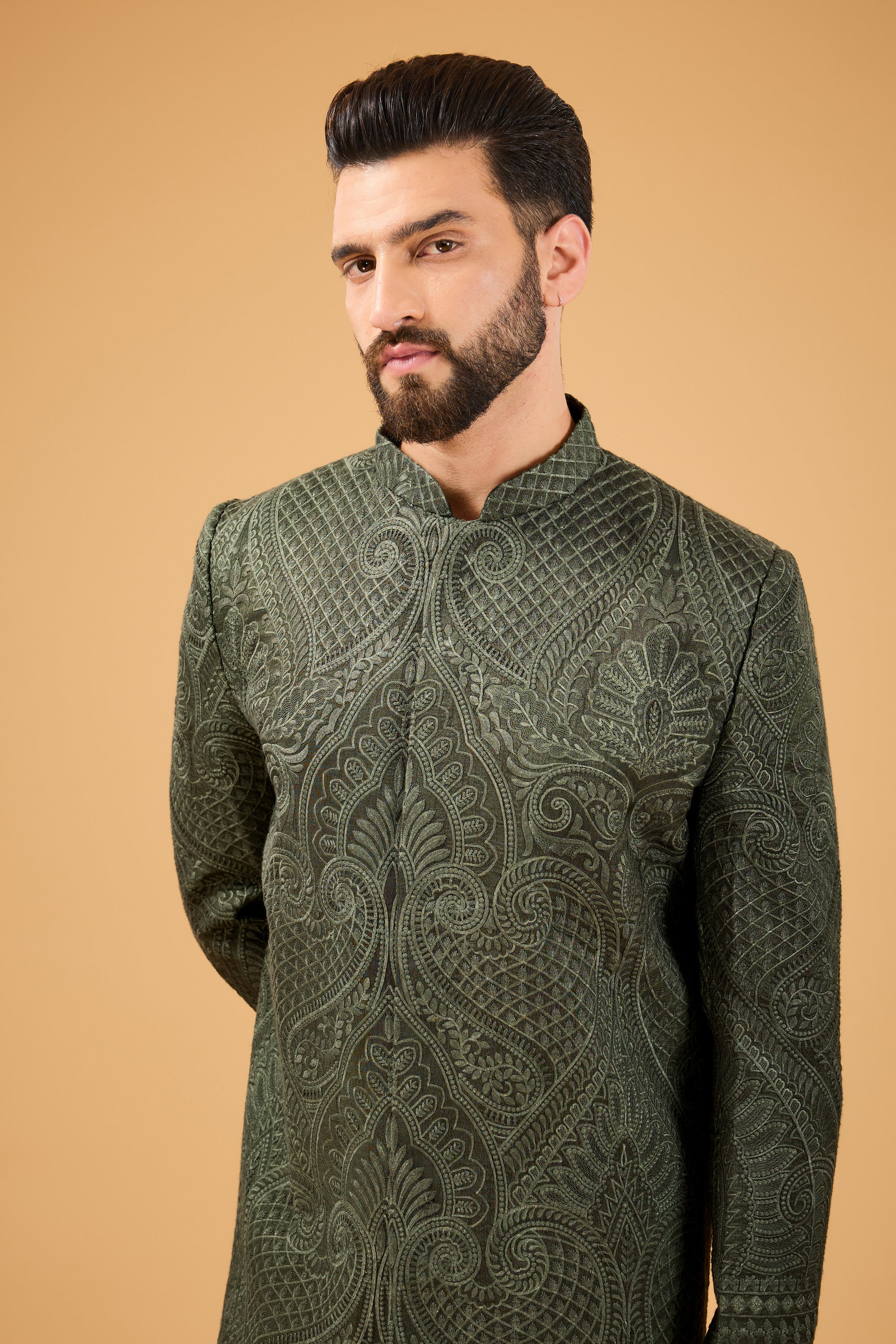 Military Green Kashmiri Embroidered Sherwani for Men - Traditional Indian Wedding Attire & Festive Occasion Wear