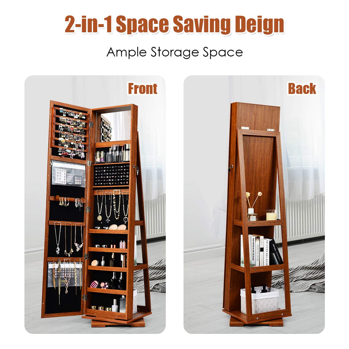 CHARMAID 360° Swivel Jewelry Armoire with Full-Length Mirror - Lockable Standing Jewelry Cabinet Organizer with Large Storage, Makeup Mirror & Back Shelves (Walnut) - Perfect for Bedroom, Closet & Dressing Room Organization
