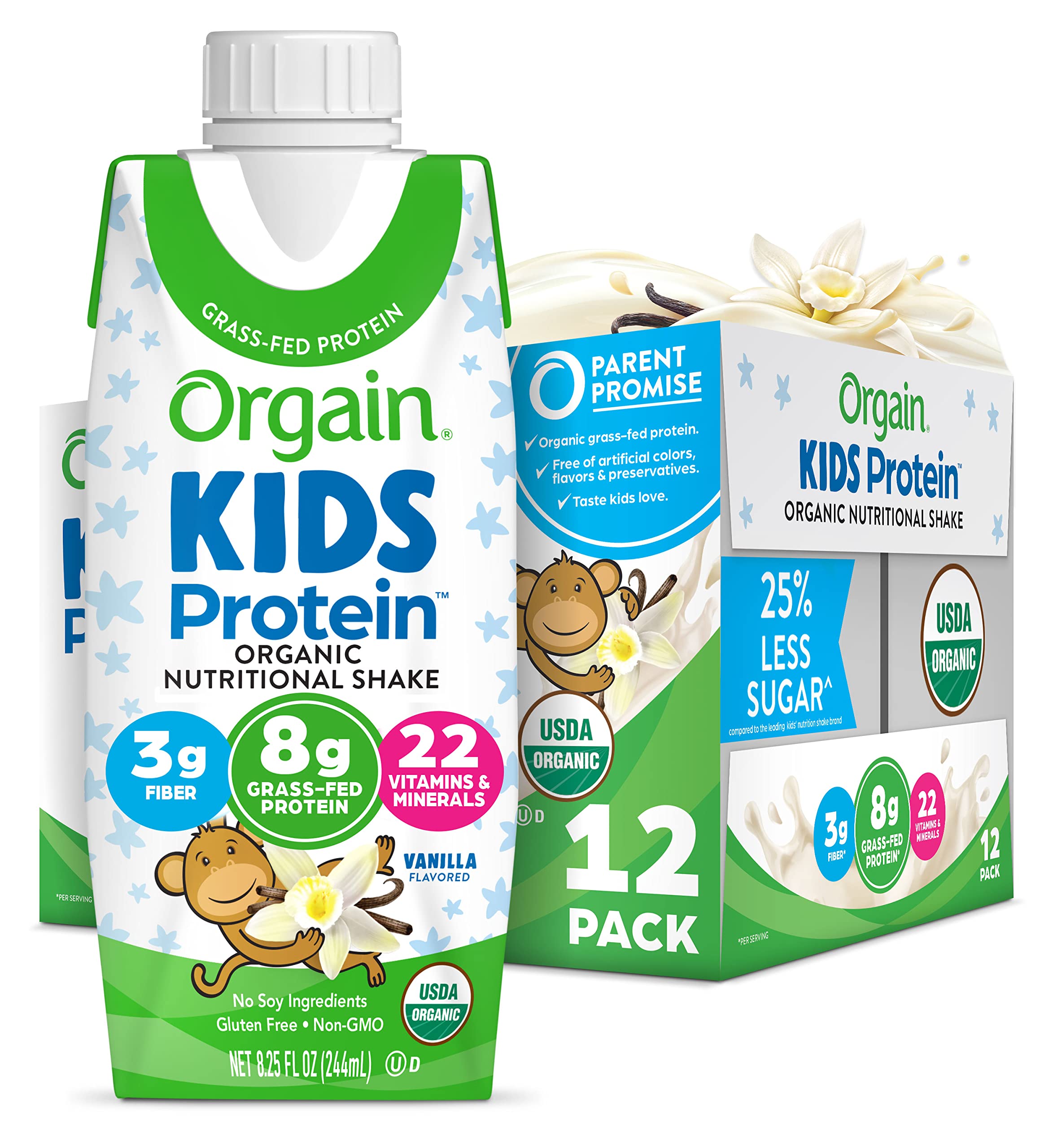 Orgain Organic Kids Protein Shake Vanilla - 8g Dairy Protein, 22 Vitamins & Minerals, Fruits & Vegetables, Gluten Free, Soy Free, Non GMO, 8.25 Fl Oz (Pack of 12) - Healthy Snack for School Lunch, After School Activities & On-the-Go Nutrition