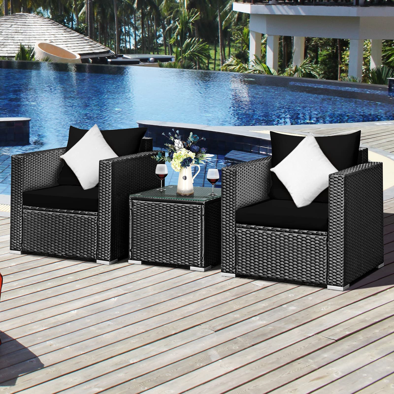 Tangkula 3-Piece Outdoor Patio Furniture Set with Washable Cushions & Tempered Glass Table - PE Wicker Rattan Sofa Set for Garden, Poolside, Balcony - Perfect for Backyard Relaxation and Outdoor Entertaining