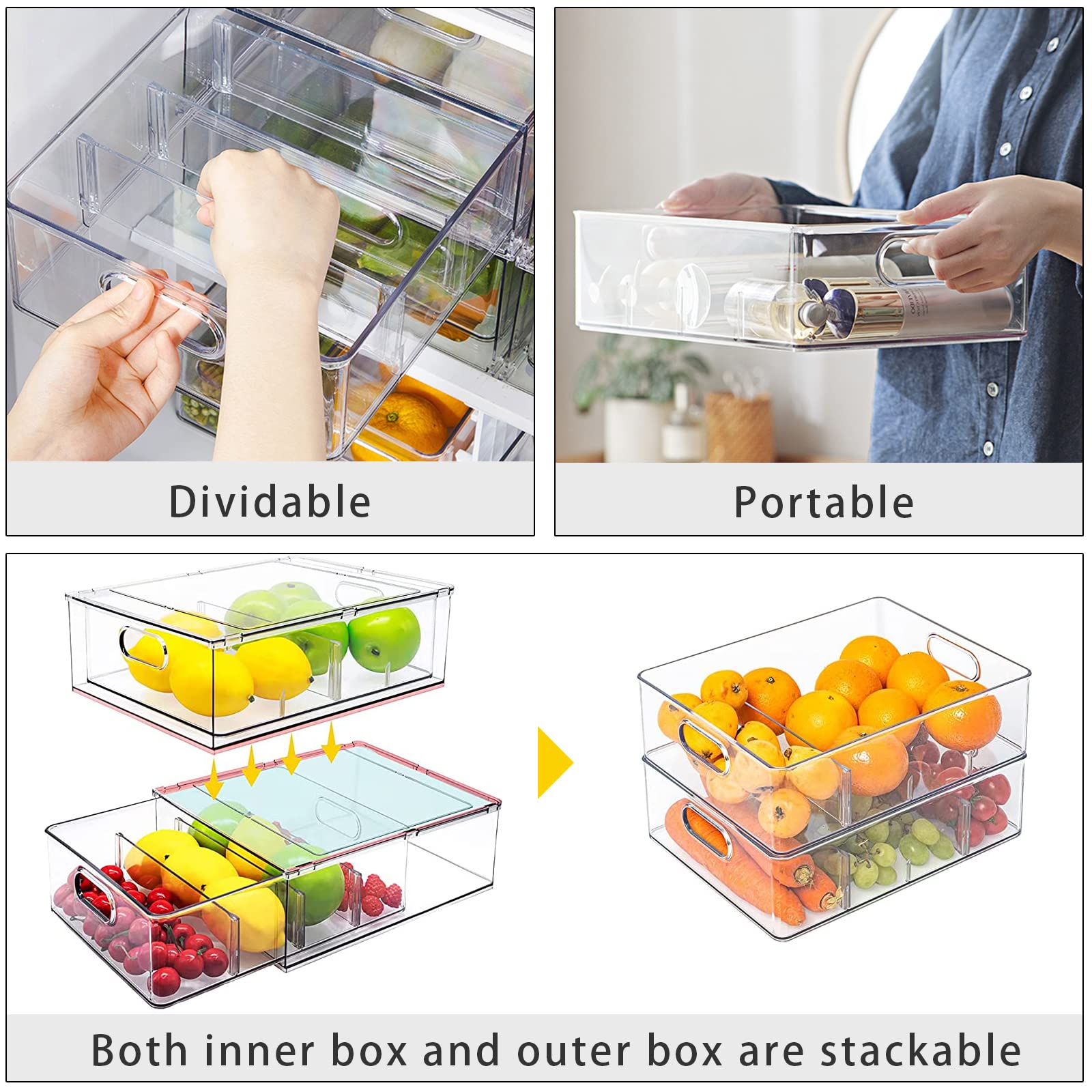 Clear Stackable Refrigerator Drawer Organizer Bins with Handles & Dividers - 4 Pack Plastic Food Storage Containers for Pantry, Cabinet, Kitchen | Perfect for Fruits, Vegetables, Meal Prep & Closet Organization