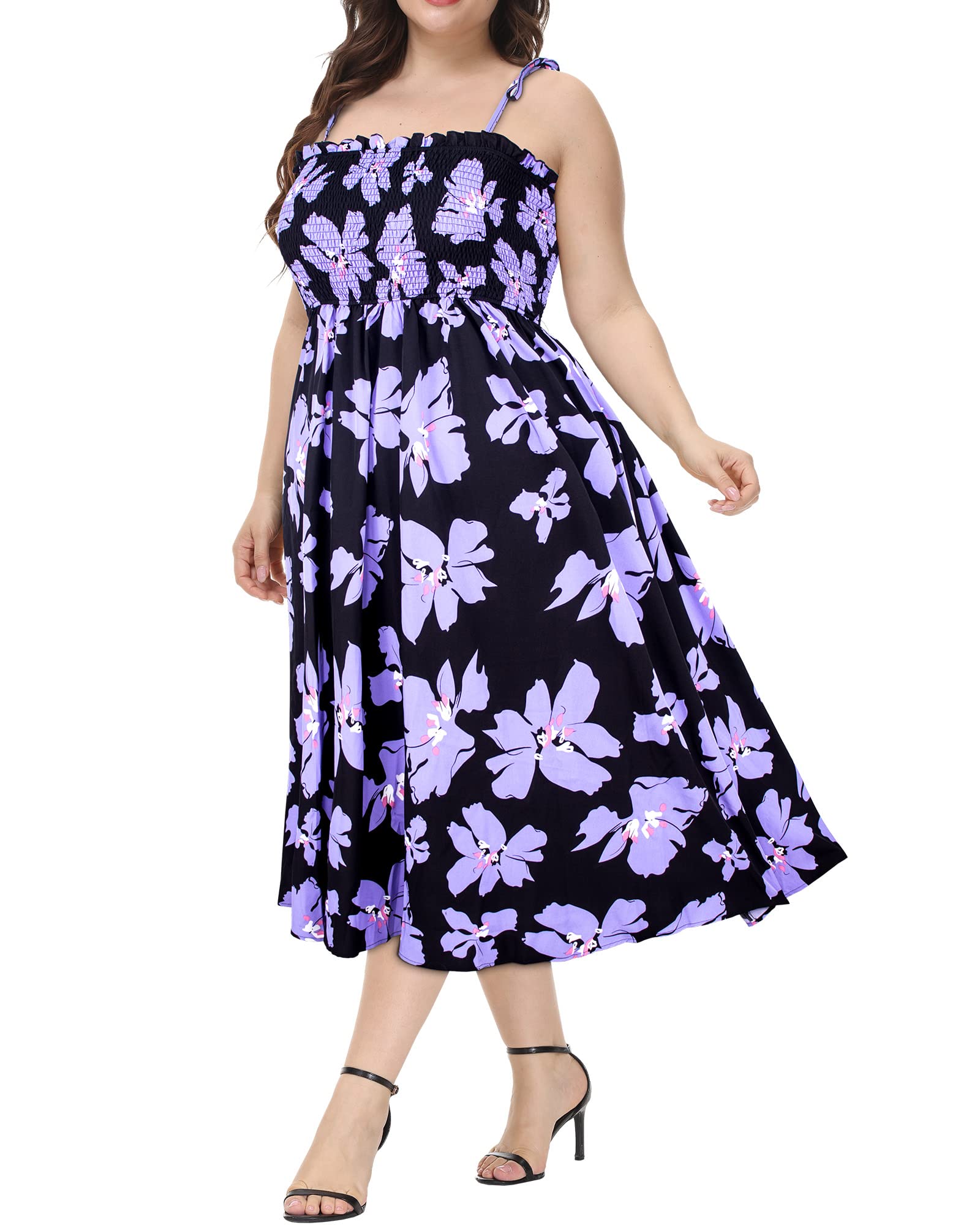 **Plus Size Boho Floral Summer Dress for Women - Spaghetti Strap Flowy Midi Dress - Casual & Comfortable for Beach, Vacation, and Everyday Wear**