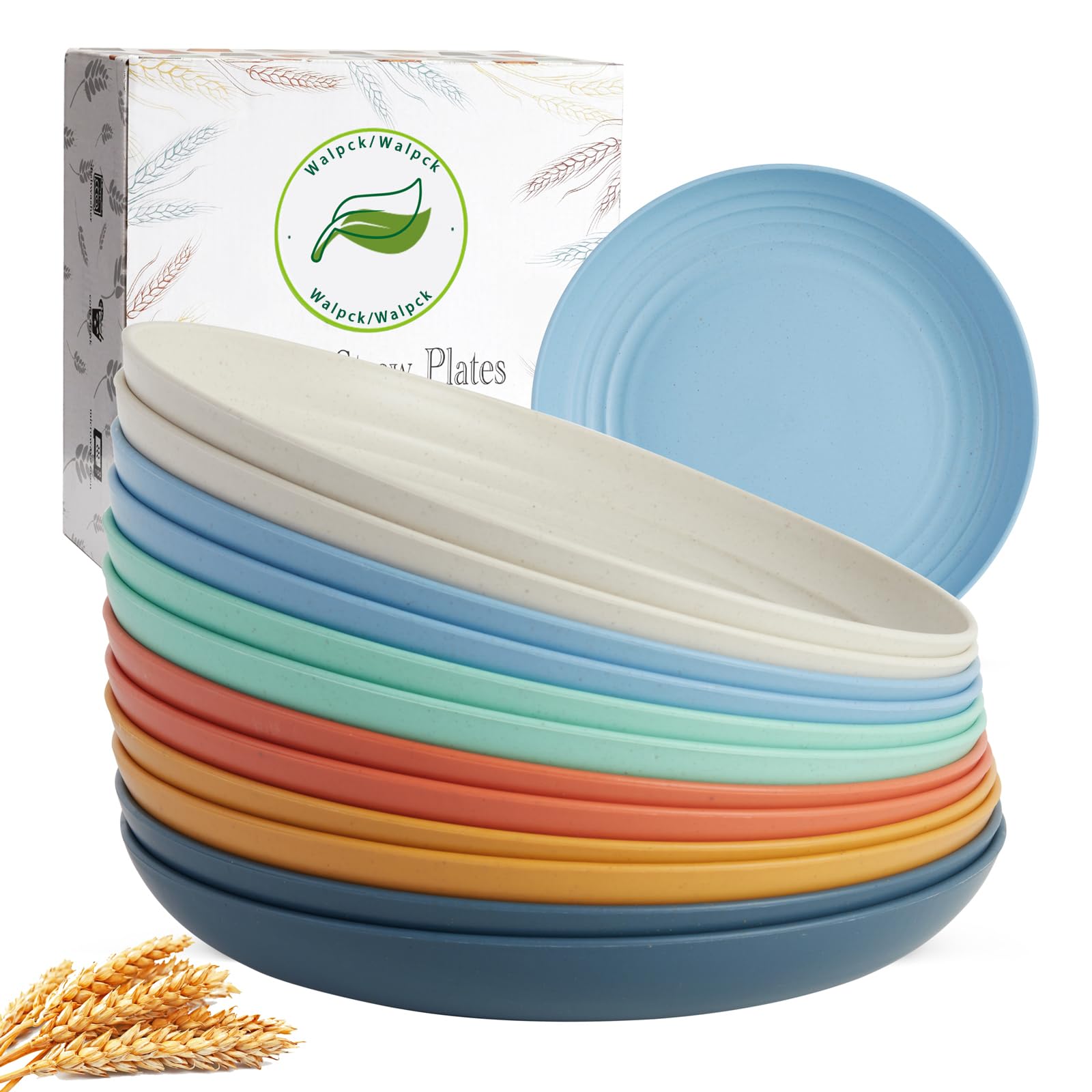 Eco-Friendly Wheat Straw Dinner Plates Set of 12/8 - Unbreakable, Microwave & Dishwasher Safe Plastic Plates - Lightweight Reusable Plates for Kitchen, Camping, Picnics & Daily Use (Dopamine Design, 9 Inch)