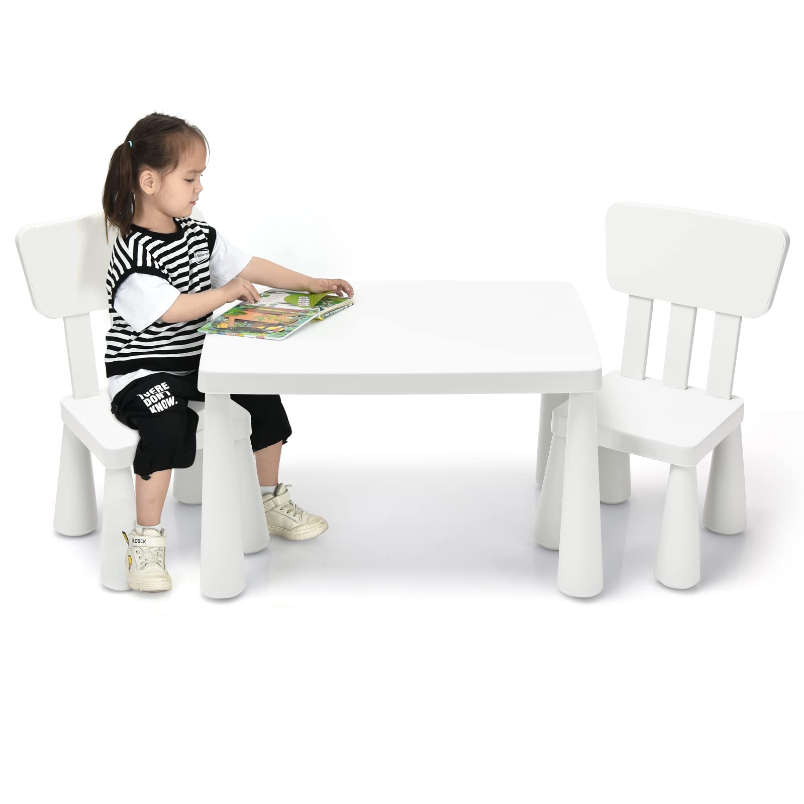 COSTWAY 3-Piece Kids Table and Chairs Set - Lightweight Plastic Children's Activity Table with 2 Chairs for Toddlers Ages 1-7, Perfect for Reading, Writing, Drawing, Crafts & Snack Time - White Kids Furniture Set for Playroom, Classroom or Daycare