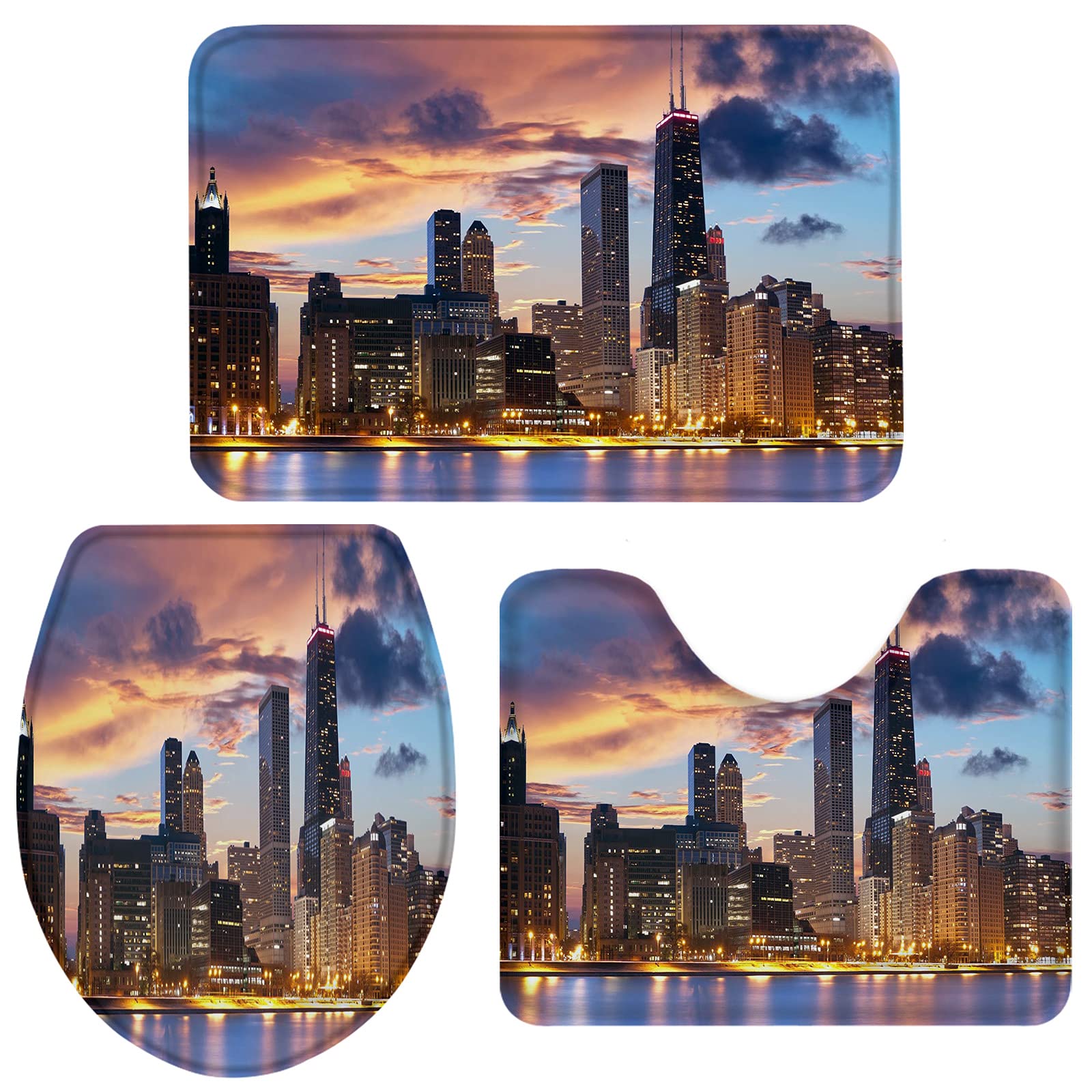 3-Piece Sunset City Scene Bathroom Rug Set - Super Absorbent Skyscraper Design U-Shaped Contour Toilet Mat & Lid Cover - Large Size for Modern Home Decor (Perfect for Bathrooms, Guest Rooms & Apartments)