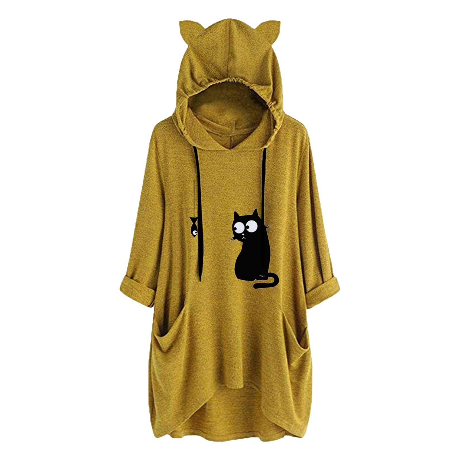 FMCHICO Women's Cute Cat & Fish Print Hooded Sweatshirt - Long Sleeve Pullover Tunic Top with Pockets | Trendy & Comfy Casual Wear for Outings, Lounge & Street Style