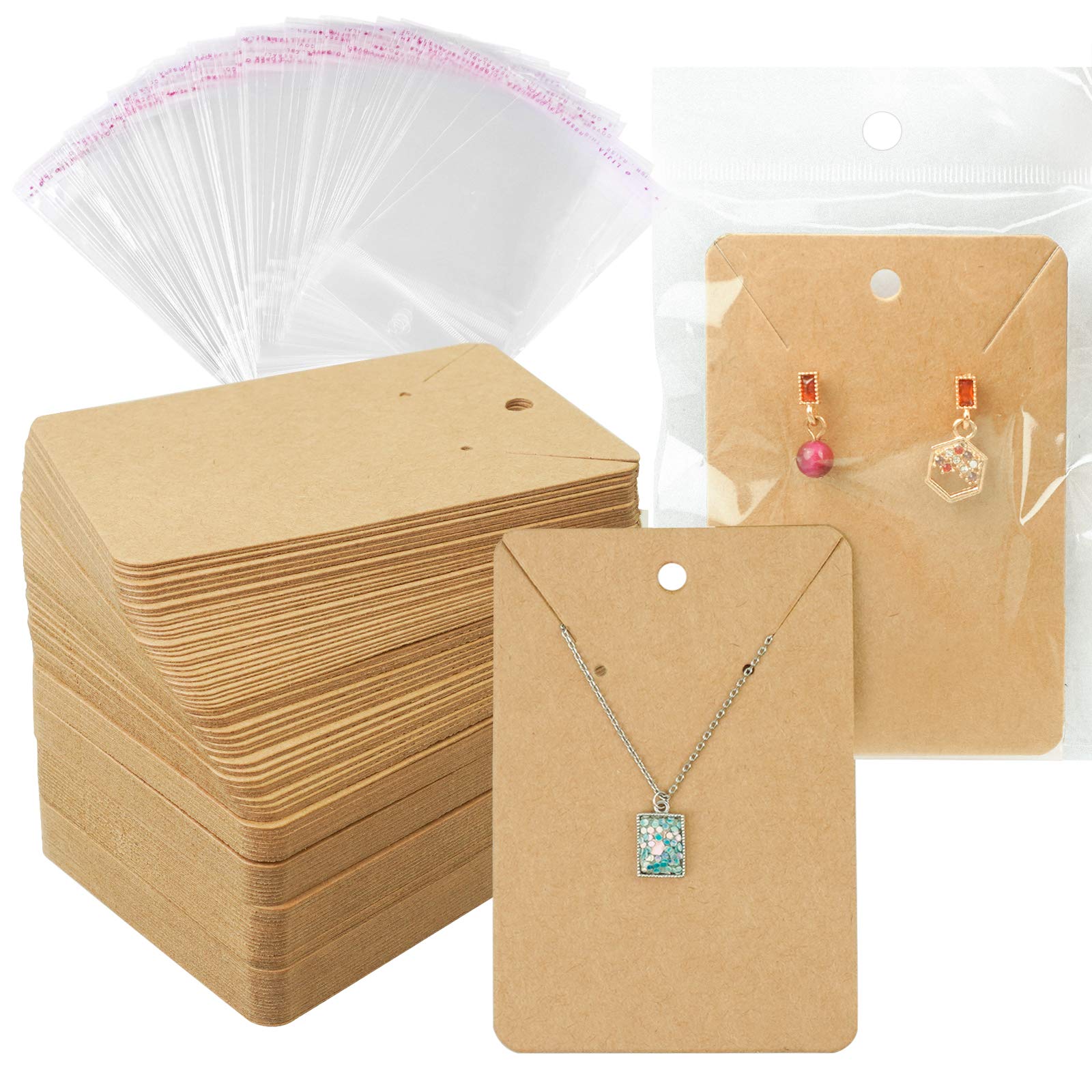 150 Pcs Earring Display Cards with Self-Seal Bags - Kraft Paper Jewelry Tags for DIY Ear Studs & Necklace Packaging - Perfect for Handmade Jewelry Business, Craft Shows, and Retail Store Displays (Brown)