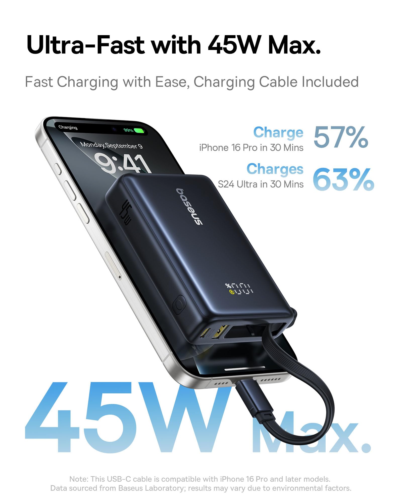 Baseus 10000mAh 45W Portable Charger with Built-in USB-C Cable | PPS/PD/QC Fast Charging Power Bank for iPhone 16/15/14/13, Samsung Galaxy S22/S21, Google Pixel, iPad | Travel, Camping & Emergency Charging Solution
