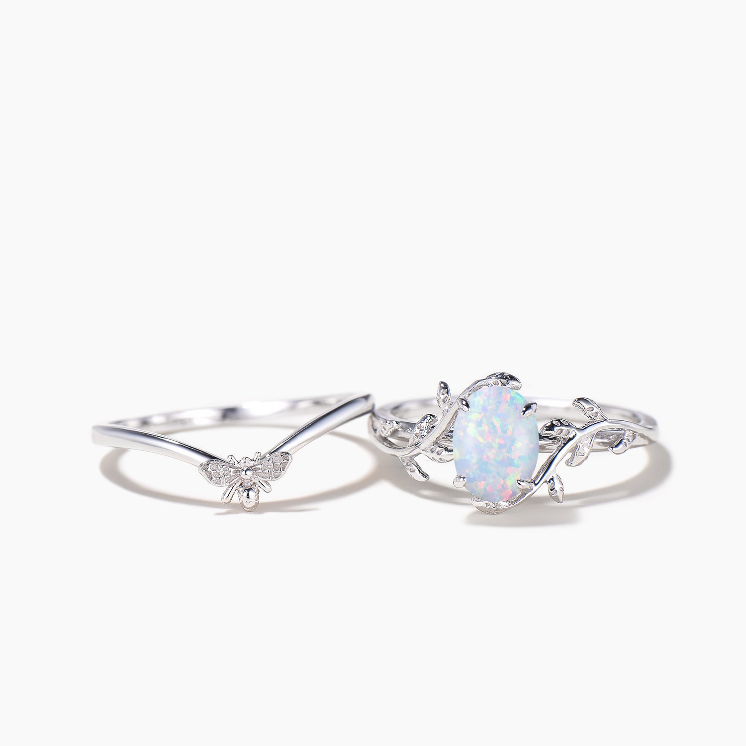 1.5ct Oval Cut White Opal Solitaire Ring - Nature Inspired Bee Wedding Band for Women - Perfect for Engagement, Anniversary & Boho Style Jewelry