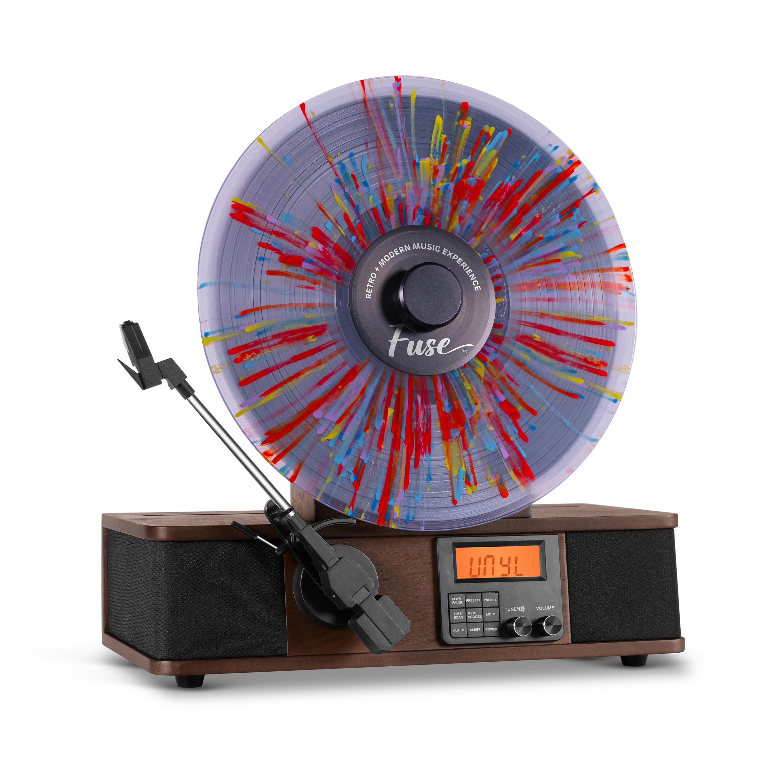Fuse Wrap Vertical Vinyl Record Player with FM Radio, Bluetooth 5.0, AUX & Line Out - Vintage Mid Century Modern Turntable with Premium Ceramic Needle & Full Range Speakers - Handcrafted Ashtree Wood Design for Home, Office & Gift Giving
