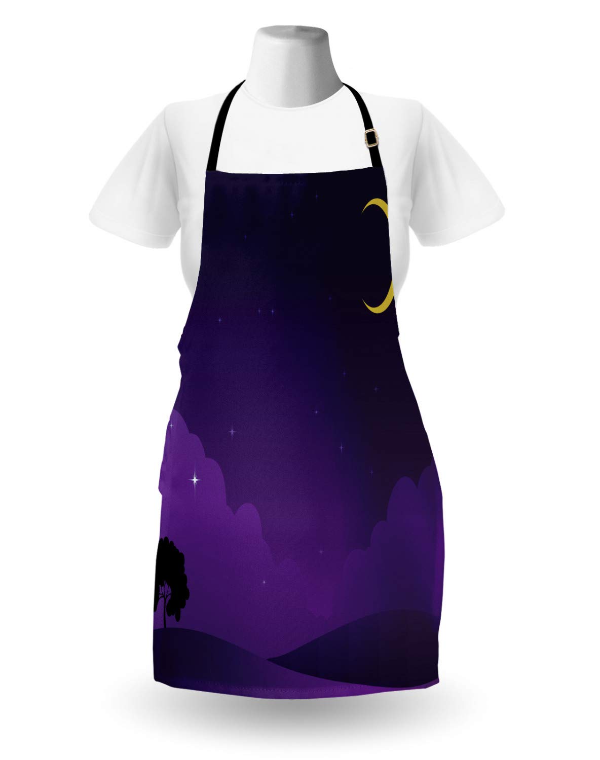 Ambesonne Dark Purple Apron with Stars & Moon - Unisex Kitchen Bib for Cooking & Gardening