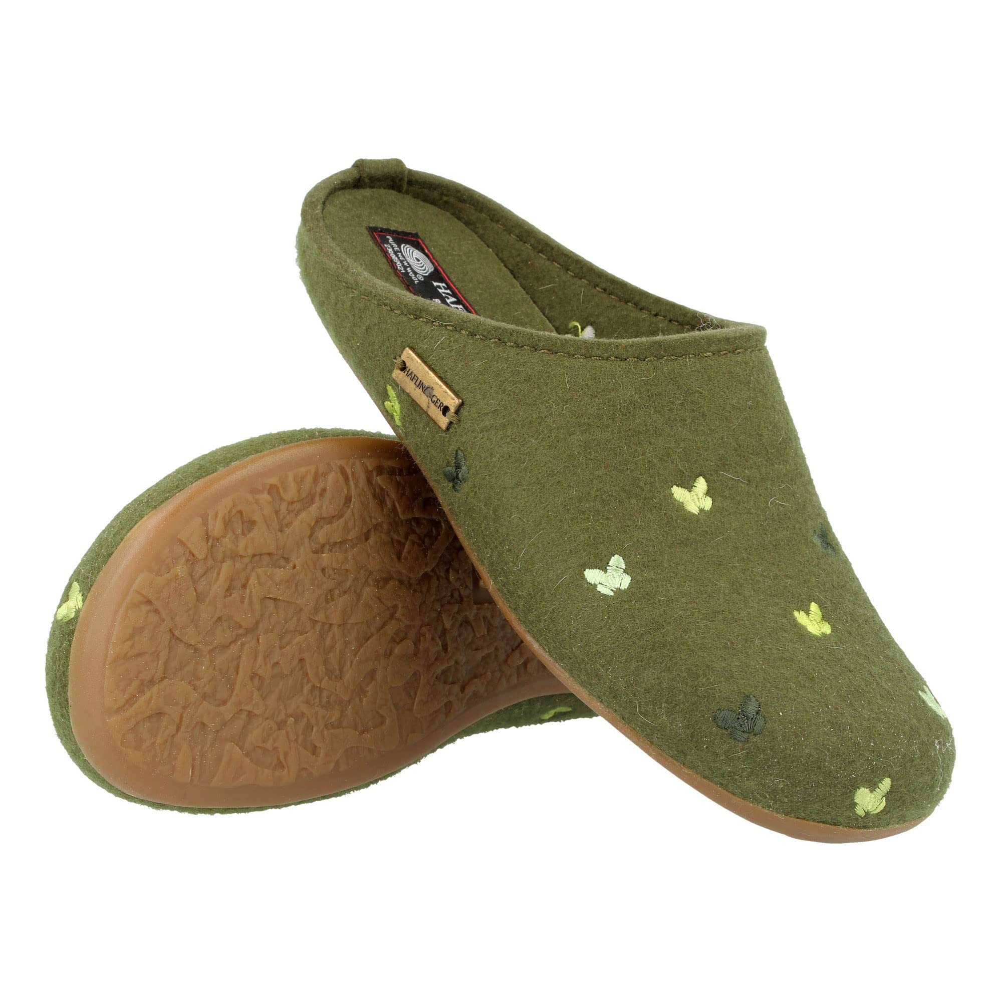 HAFLINGER Fafalline Wool Felt Butterfly Motif Women's Slip-On Mule Slippers - Unisex Comfort House Shoes for Indoor & Outdoor Wear