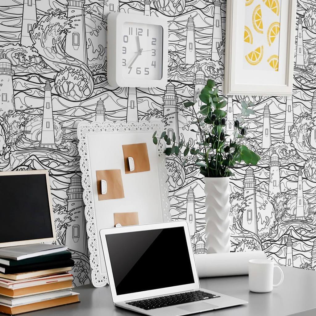 Black and White Nautical Peel and Stick Removable Wallpaper - Self-Adhesive Decorative Wall Covering for Bedroom, Bathroom, Kitchen & Nursery - Easy to Install & Remove