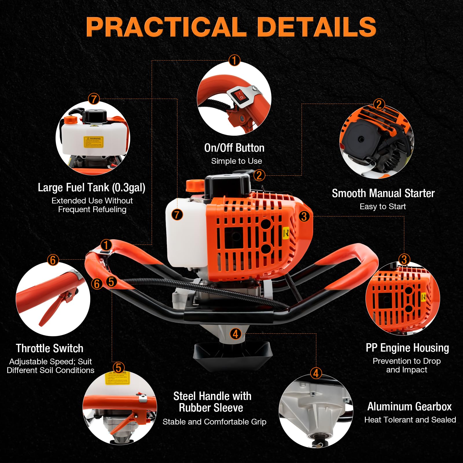 52CC 2-Stroke Gas Powered Post Hole Digger - Heavy Duty Ground Drilling Machine Kit with 4
