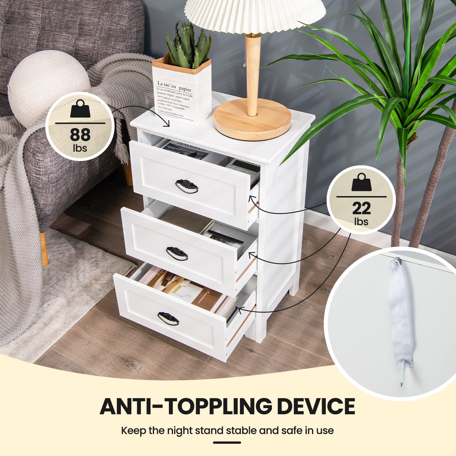 Giantex White Nightstand with 3 Drawers - Bedside Table with Metal Handles, Accent Table & Sofa Side Table with Anti-Tip Safety Device - Perfect for Bedroom, Living Room, Office & Study Spaces