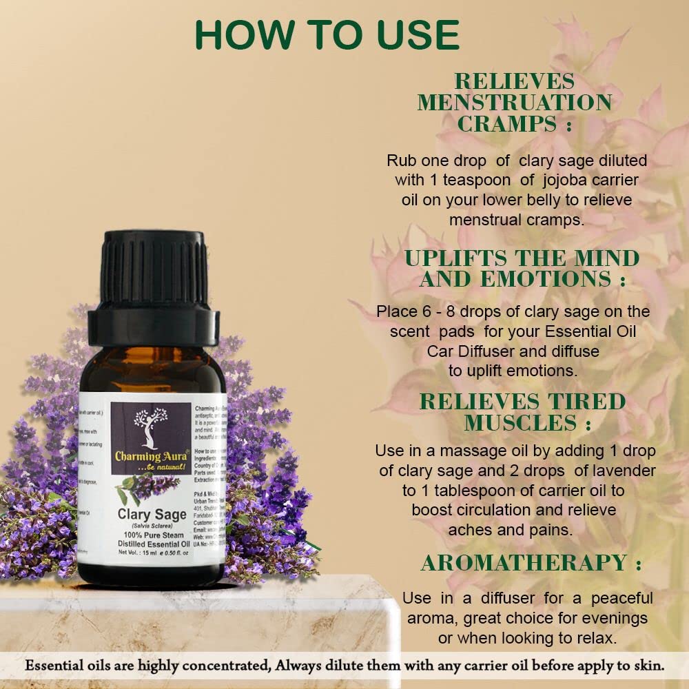 Organic Clary Sage Essential Oil - 15ml Steam Distilled, Pure & Natural for Aromatherapy, Relaxation & Skin Care - Perfect for Diffusers, Massage & DIY Beauty Products