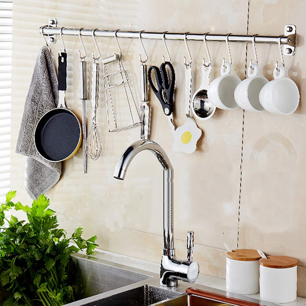 Stainless Steel Wall Mounted Pot and Pan Organizer Rack - 18 Hooks, 100cm Kitchen Utensil Hanger for Pots, Pans & Lids - Space Saving Storage Solution for Small Kitchens, RVs & Camping