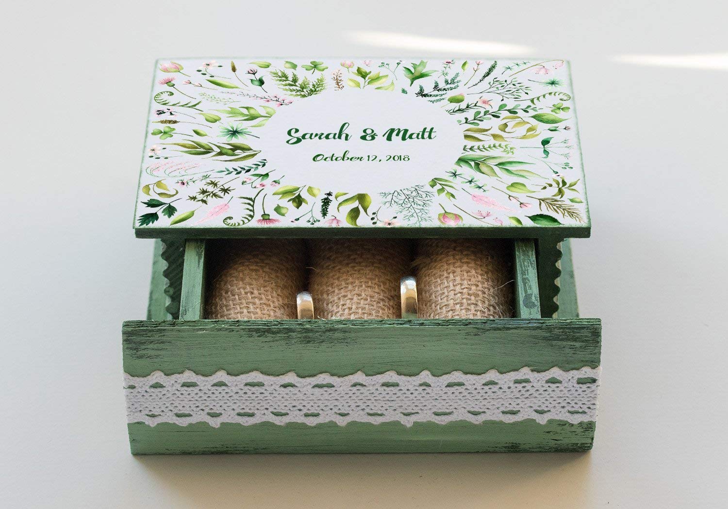 Personalized Ring Bearer Box - Green Floral Wedding Ring Holder for Spring Weddings, Engagements & Proposals - Custom Book Box for Ring Bearer Pillow & Jewelry Storage