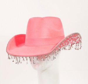 Western Pink Cowboy Hat with Pearl Rhinestone Fringe Trim - Perfect for Country Concerts, Rodeos & Western Themed Parties