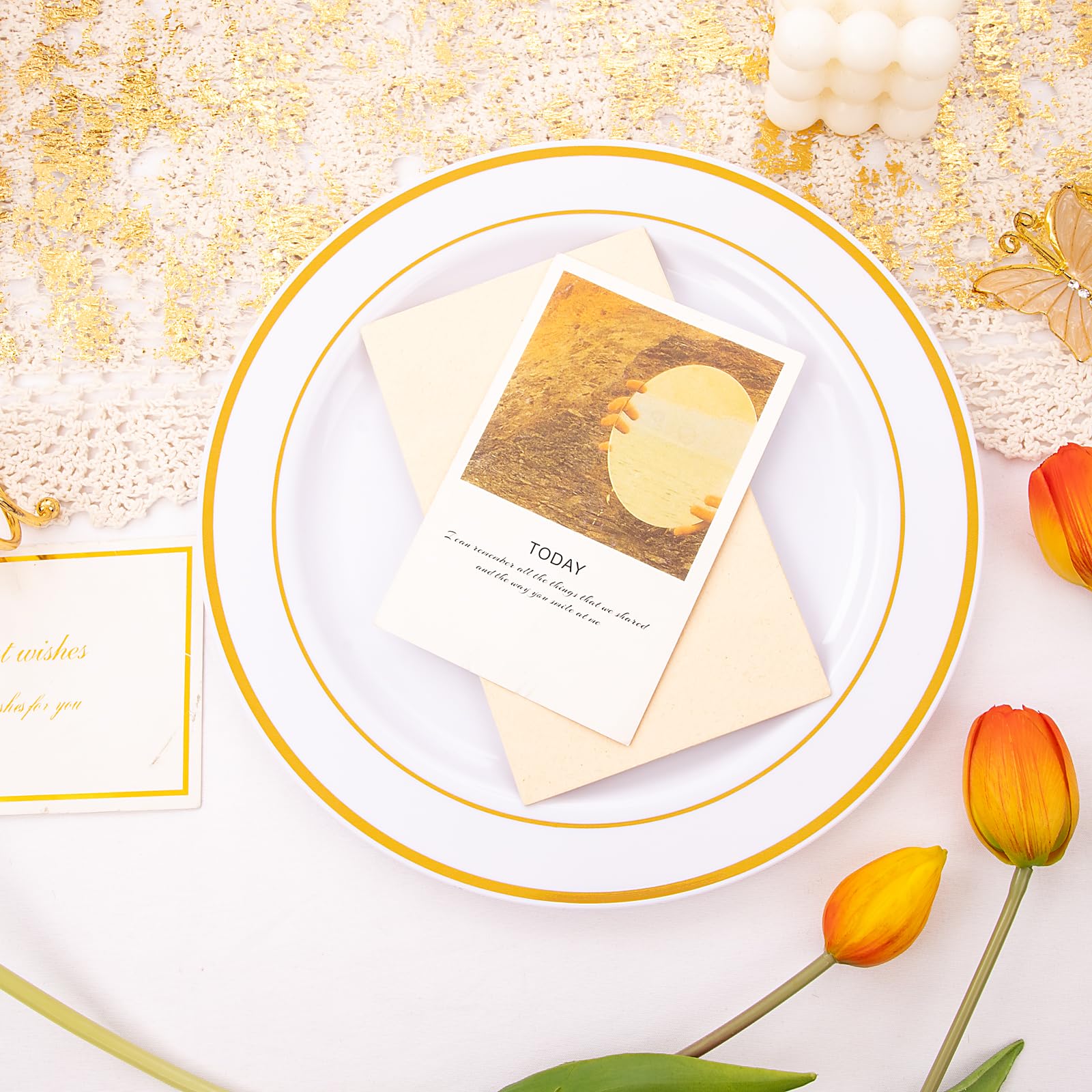 60-Pack 10.25 Inch Gold Rimmed Plastic Dinner Plates - Elegant Disposable White Plates for Wedding, Party, Banquet & Special Events - Perfect for Catering, Buffets & Formal Dining