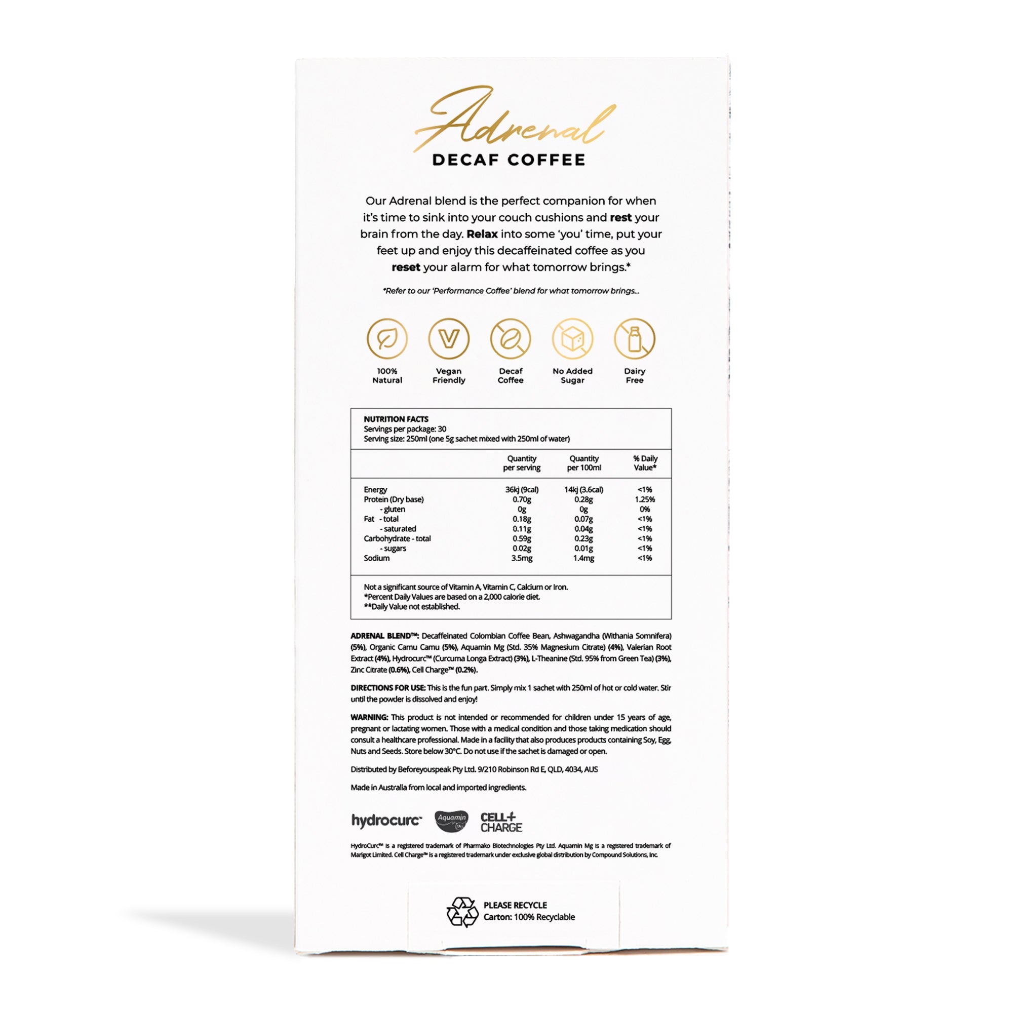 Adrenal Decaf Unsweetened Coffee - Organic Decaffeinated Coffee Beans for Stress Relief & Relaxation - Perfect for Evening Brews, Meditation & Nighttime Rituals