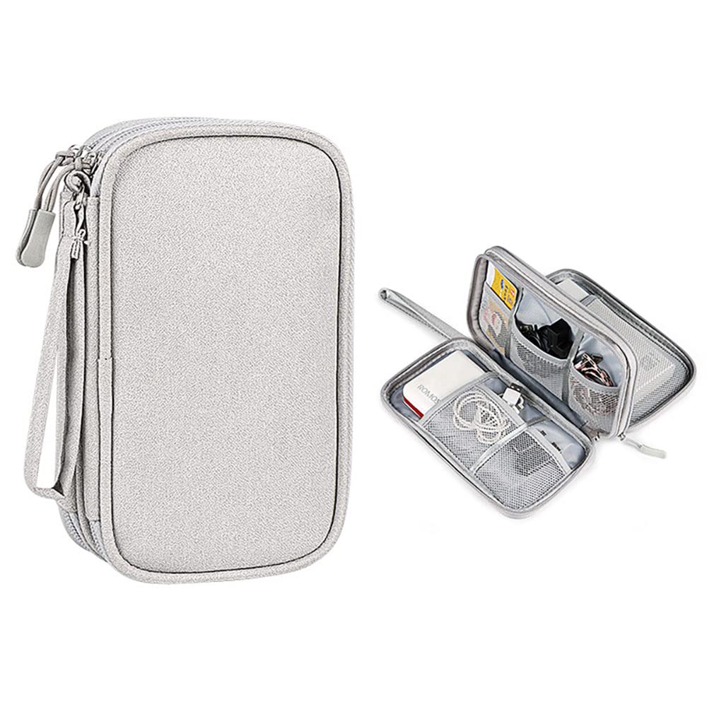 Waterproof Hard Drive Case & Charger Organizer Bag - Double Layer Travel Pouch for Cables, Charging Cords, Phone, Earbuds & Power Bank (Grey) - Perfect for Travel, Office & Daily Electronics Storage